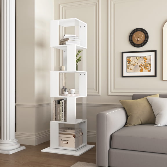MAYEERTY 5-Tier Rotating Bookshelf, Space-Saving Bookcase with Acrylic Plate & Anti-Tipping Base