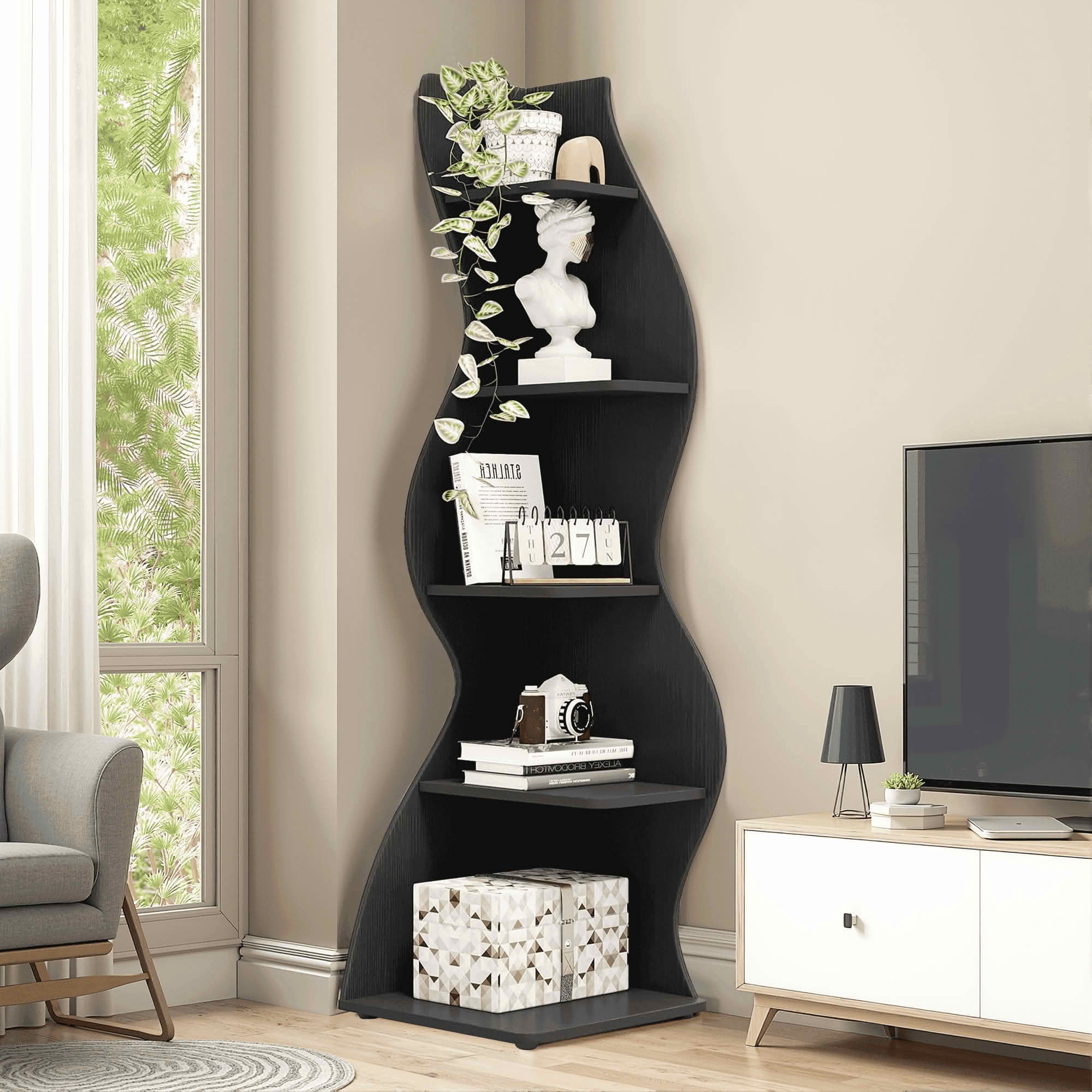 MAYEERTY 5-Tier Vintage Wall Corner Bookshelf, Adjustable Storage Display Rack for Living Room Office Bedroom