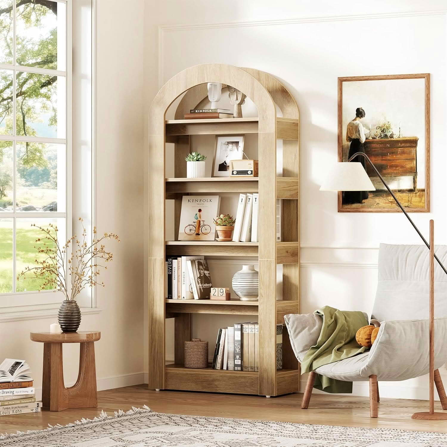 MAYEERTY Modern Arched 5-Tier Tall Bookcase, Heavy Load Storage Display Shelf, Multi-Functional Room Divider for Home & Classroom