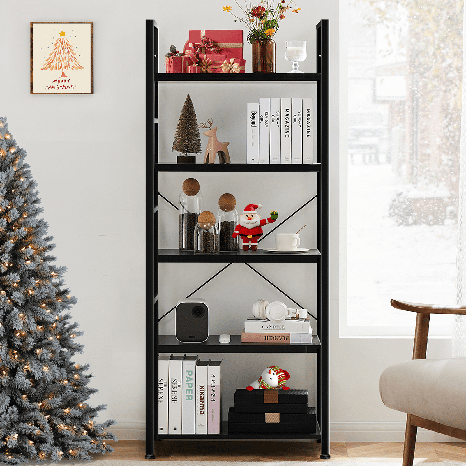 MAYEERTY 5 Tiers Bookshelf, Modern Open Bookshelf, Storage Rack Shelves in Living Room/Home/Office, Black