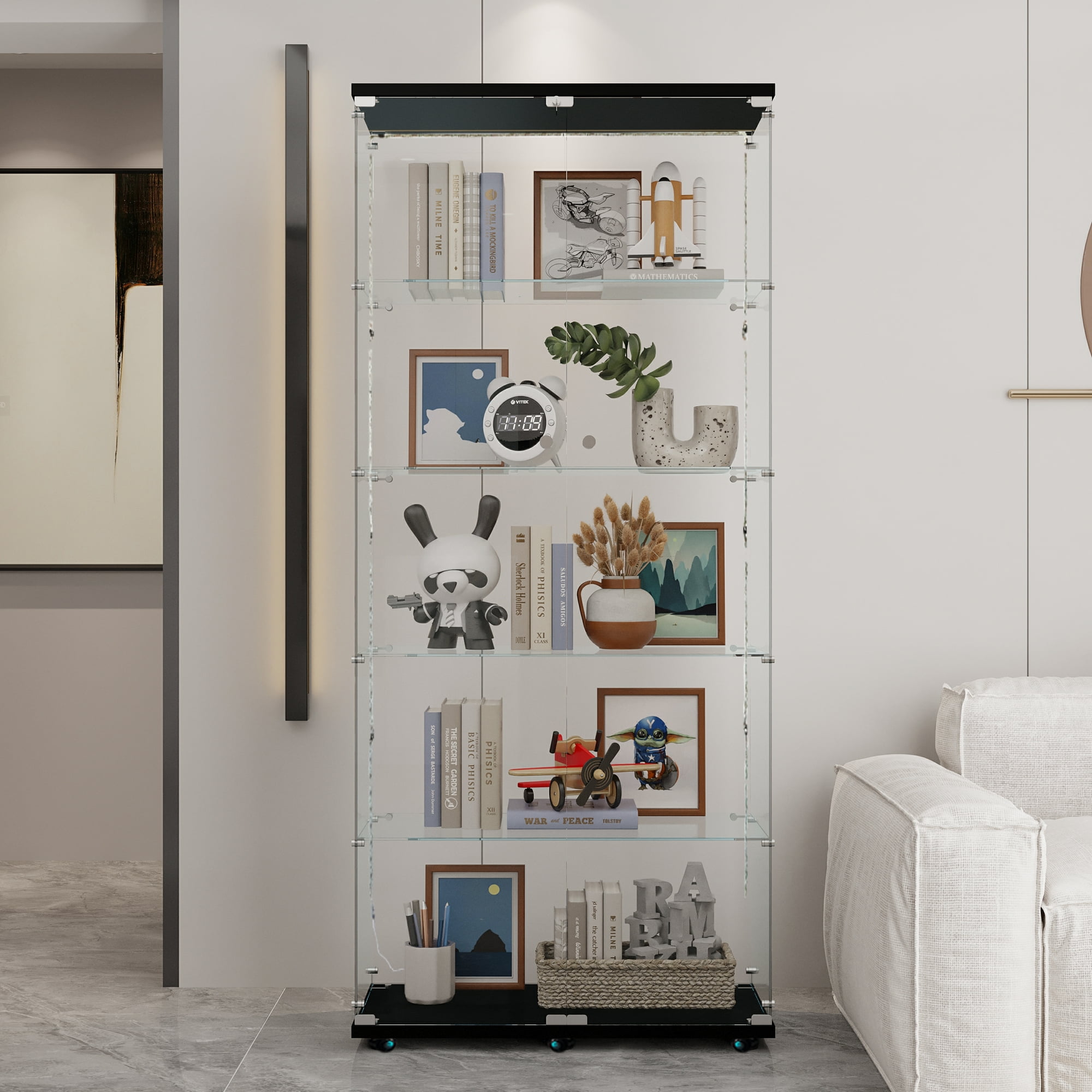 MAYEERTY 5 Tiers Glass Display Cabinet with Bluetooth LED Light Strip, Curio Storage Cabinet with 2 Door, Black