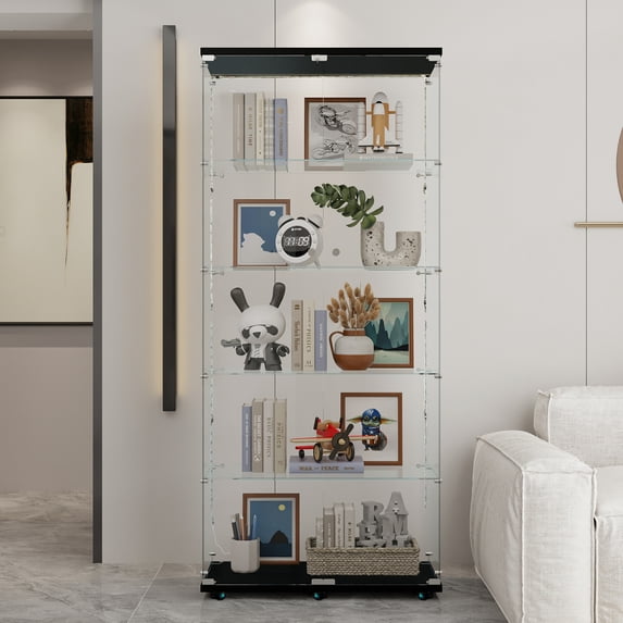 MAYEERTY 5 Tiers Glass Display Cabinet with Bluetooth LED Light Strip, Curio Storage Cabinet with 2 Door, Black