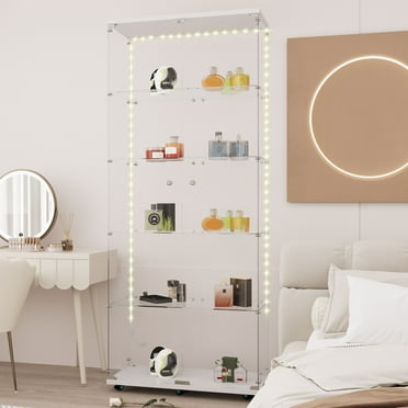 MAYEERTY 5 Tiers Glass Display Cabinet with Bluetooth LED Light Strip, Curio Storage Cabinet with 2 Door, White