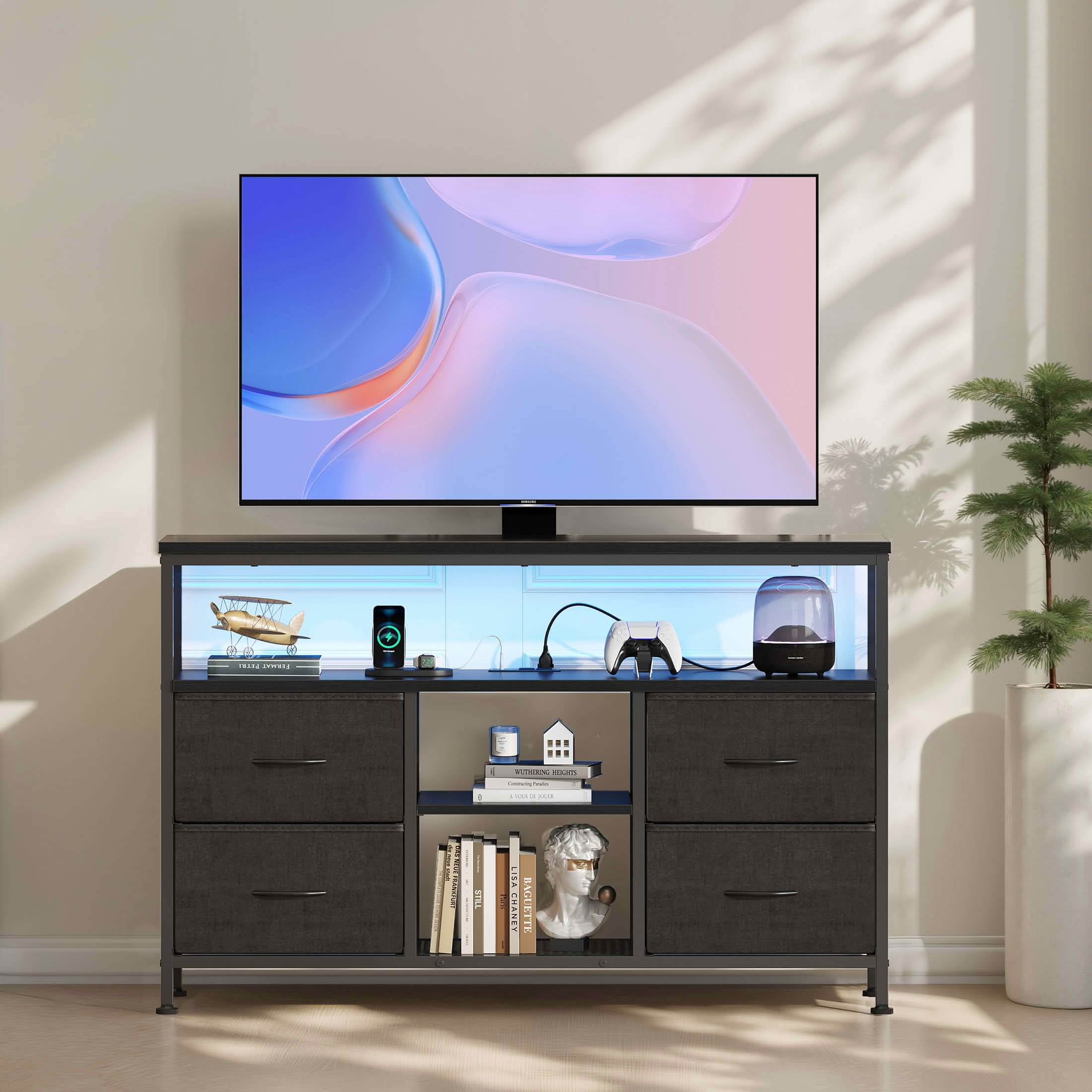 MAYEERTY 50-Inch TV Stand with 4 Drawers LED Lights & Power Sockets, Open Shelves Adjustable Feet