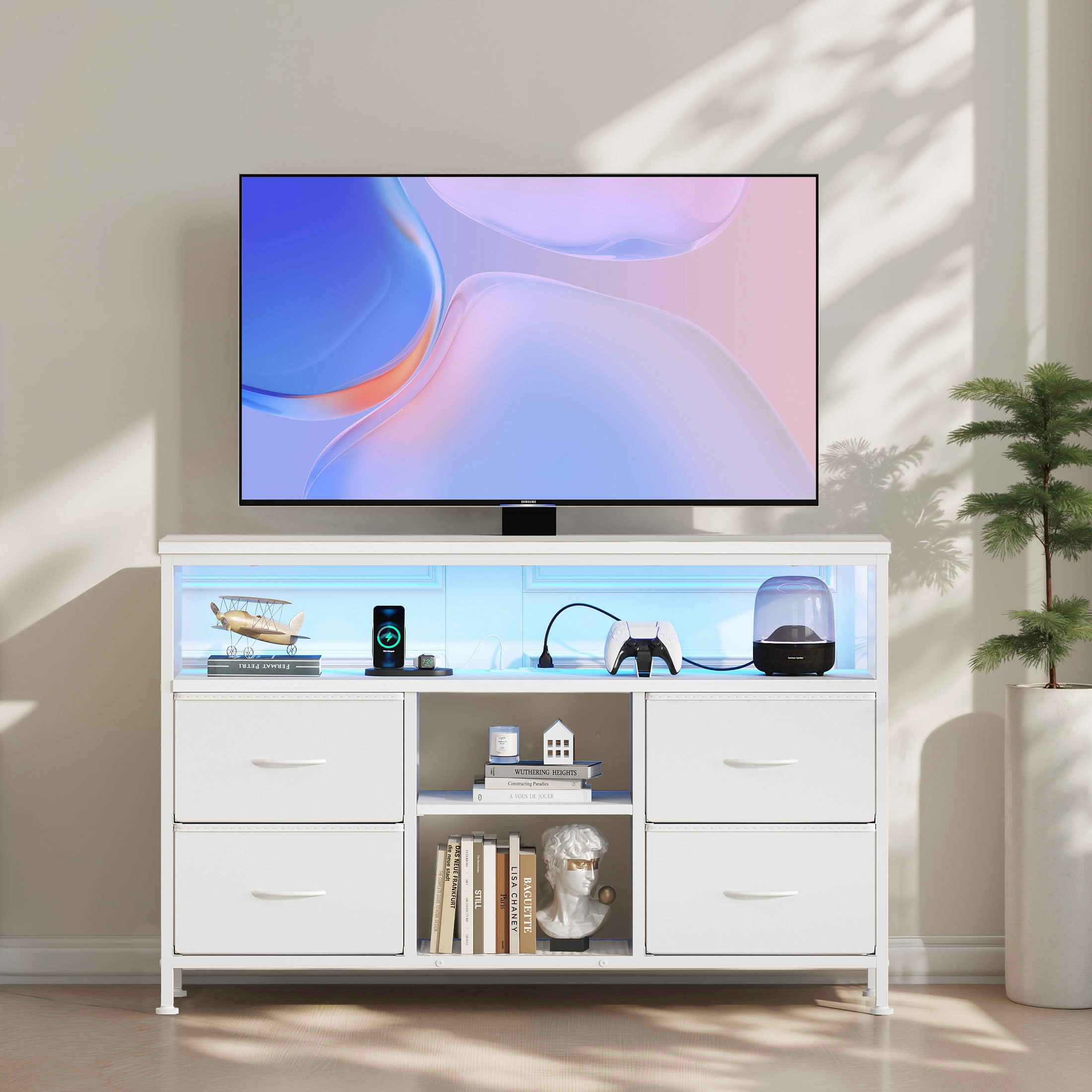 MAYEERTY 50-Inch TV Stand with 4 Drawers LED Lights & Power Sockets, Open Shelves Adjustable Feet