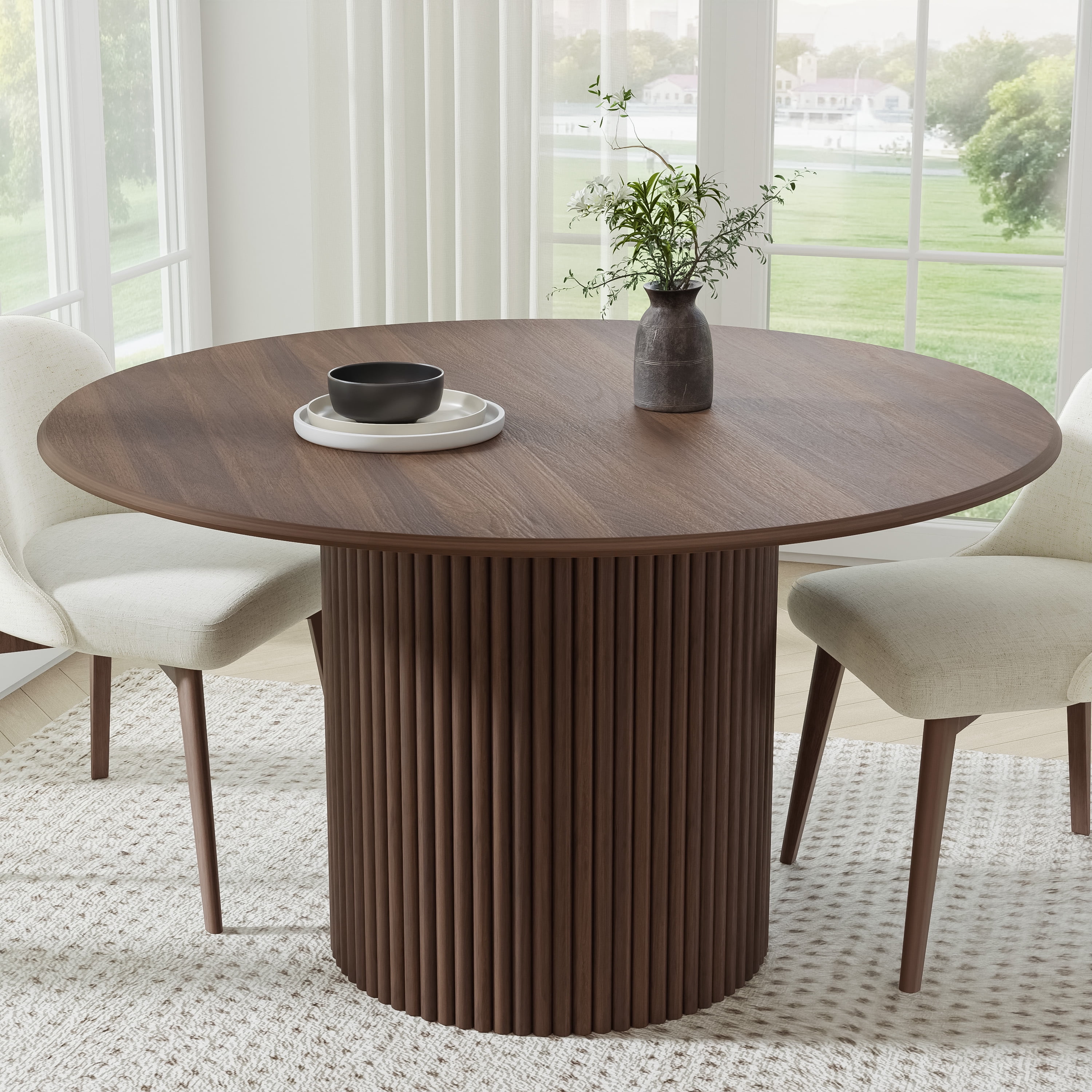 MAYEERTY 52" Round Wood Dining Table for 4-6 People, Modern Kitchen Table with Heavy Duty Wood Base, Walnut