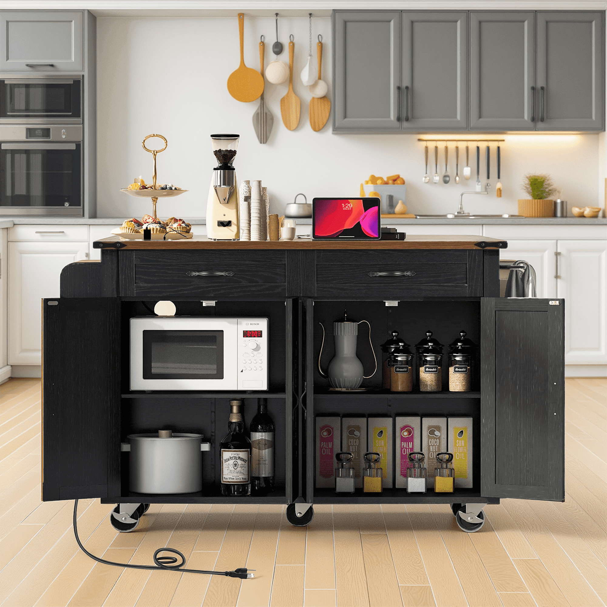 MAYEERTY 53.5" Rolling Farmhouse Kitchen Storage Island with Power Outlet for Home, Black