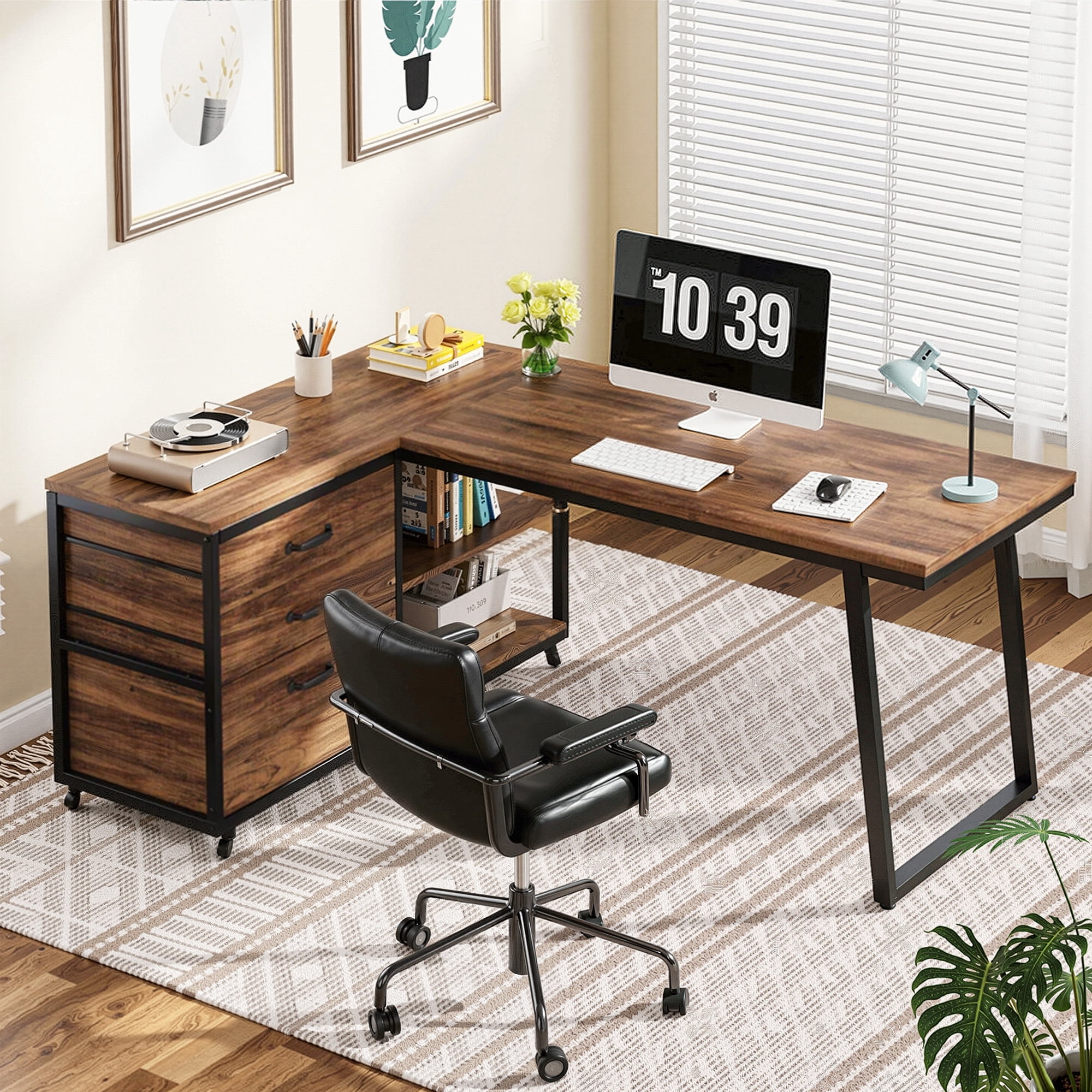 MAYEERTY 53" L-Shaped Desk with File Cabinet, Industrial Style, Easy Assembly