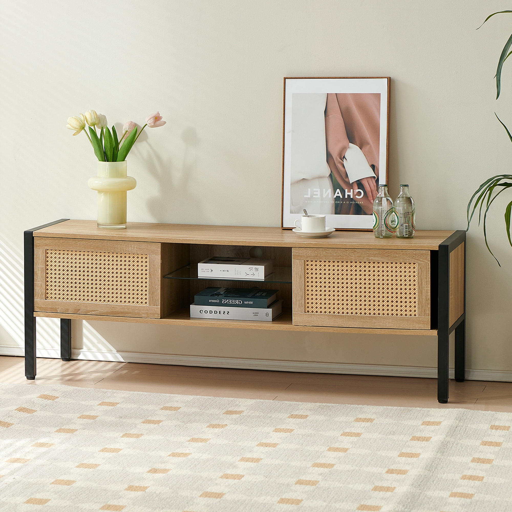 MAYEERTY 54.33" Rattan TV Cabinet with Adjustable Shelf, Variable Color Light Strip, and Metal Legs, Natural