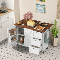 MAYEERTY 54.5" Farmhouse Rolling Kitchen Island with Outlet for Home Kitchen,White