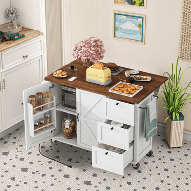 MAYEERTY 54.5" Farmhouse Rolling Kitchen Island with Outlet for Home Kitchen,White