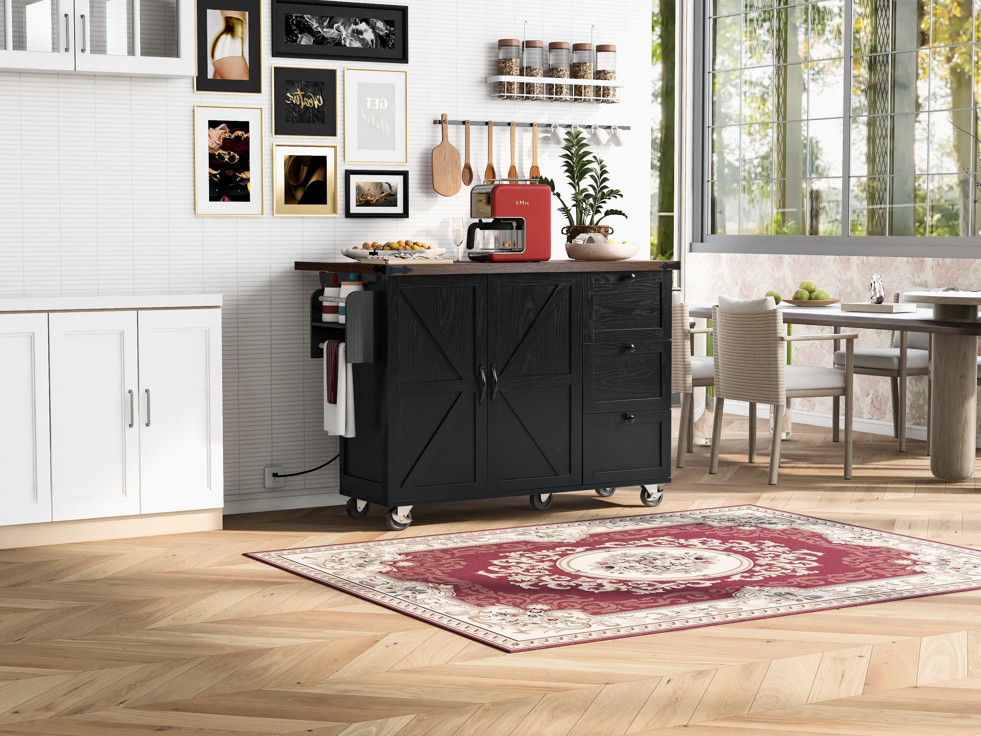 MAYEERTY 54.5" Farmhouse Rolling Kitchen Island with Power Outlet for Kitchen & Dining Room, Black