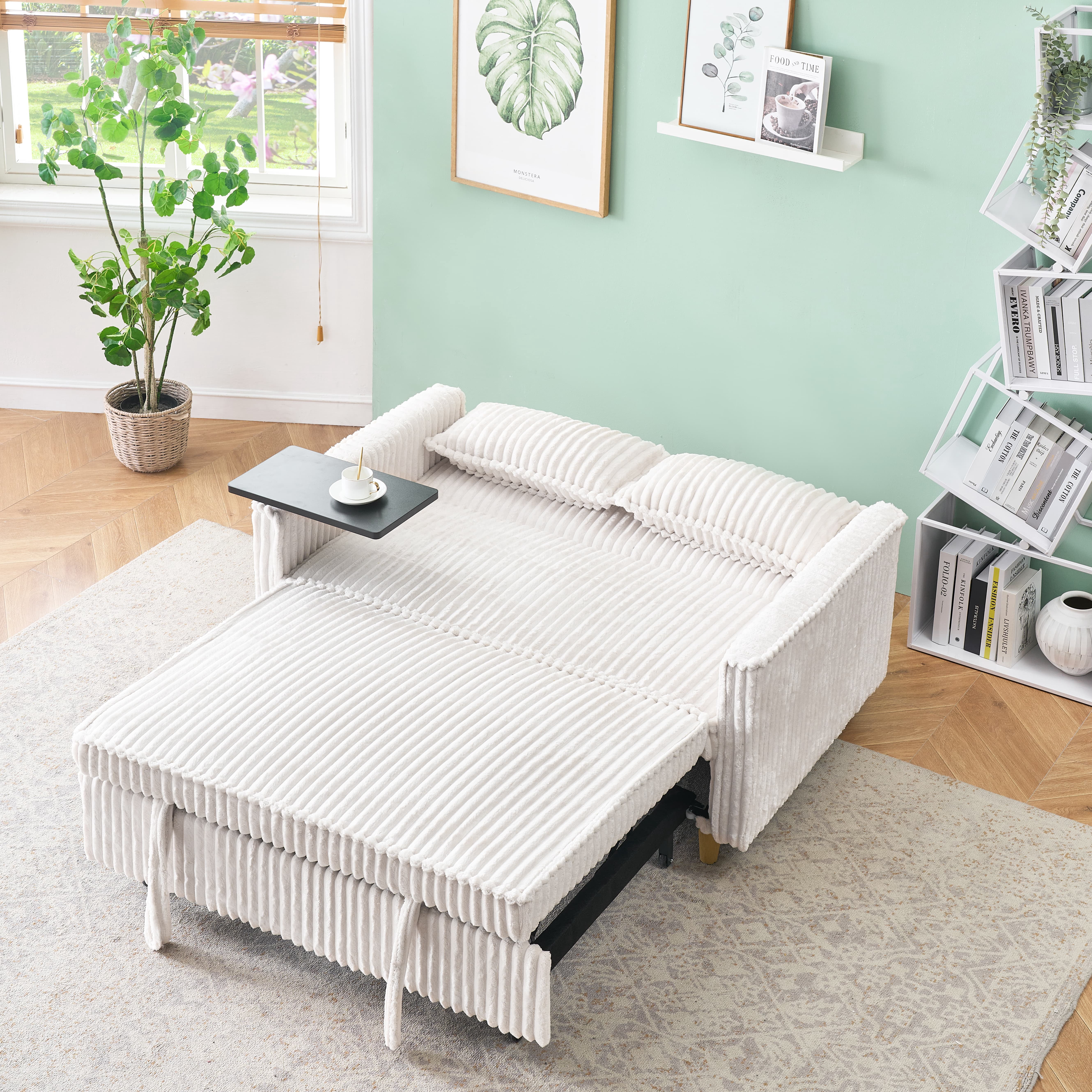 MAYEERTY 54" Pull Out Corduroy Sofa Bed with a Movable Tabletop and USB Ports, Loveseat Sleeper for Apartment, Living Room, Small Space, Beige
