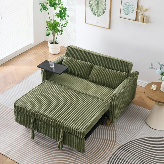 MAYEERTY 54" Pull Out Corduroy Sofa Bed with a Movable Tabletop and USB Ports, Loveseat Sleeper for Apartment, Living Room, Small Space, Green