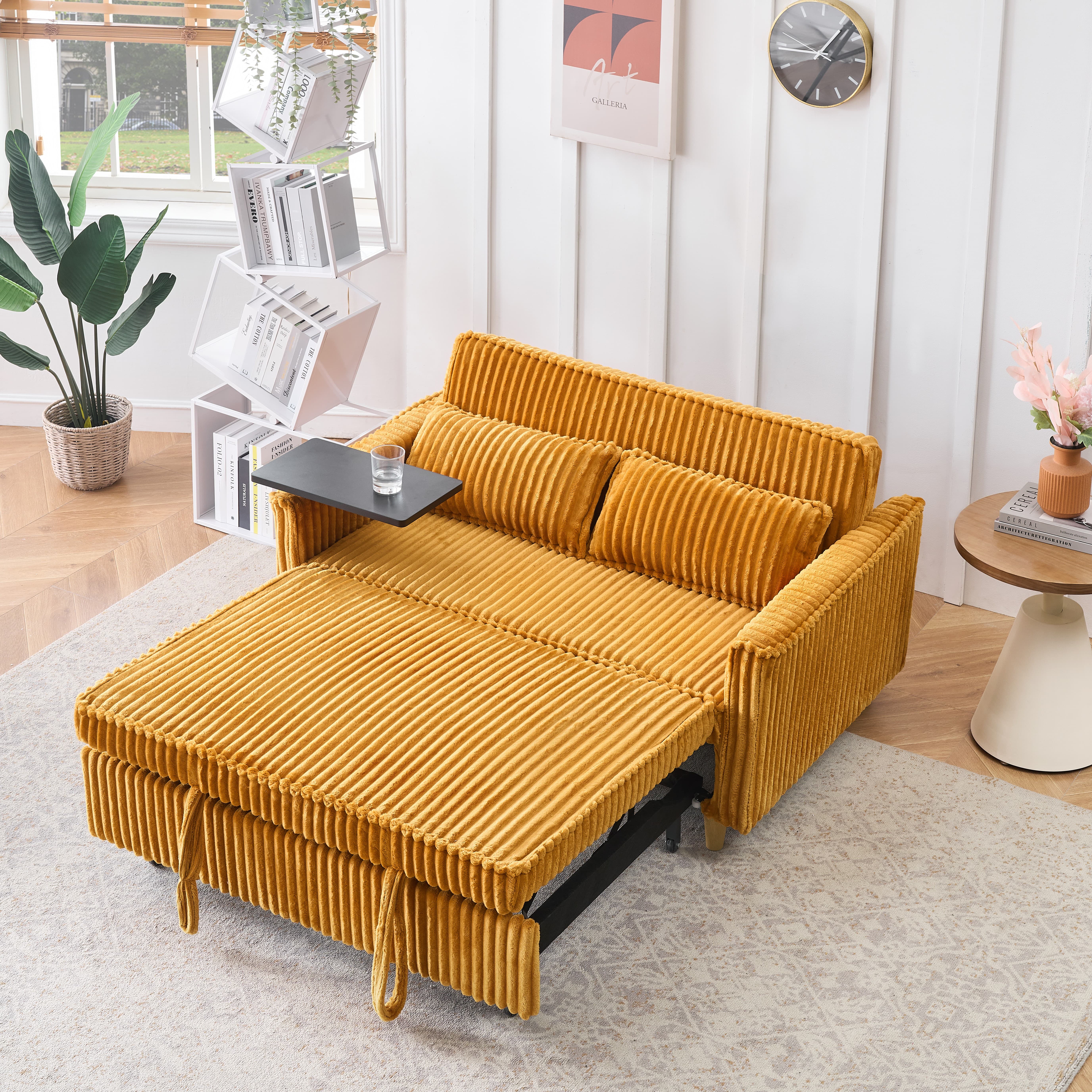 MAYEERTY 54" Pull Out Corduroy Sofa Bed with a Movable Tabletop and USB Ports, Loveseat Sleeper for Apartment, Living Room, Small Space, Yellow