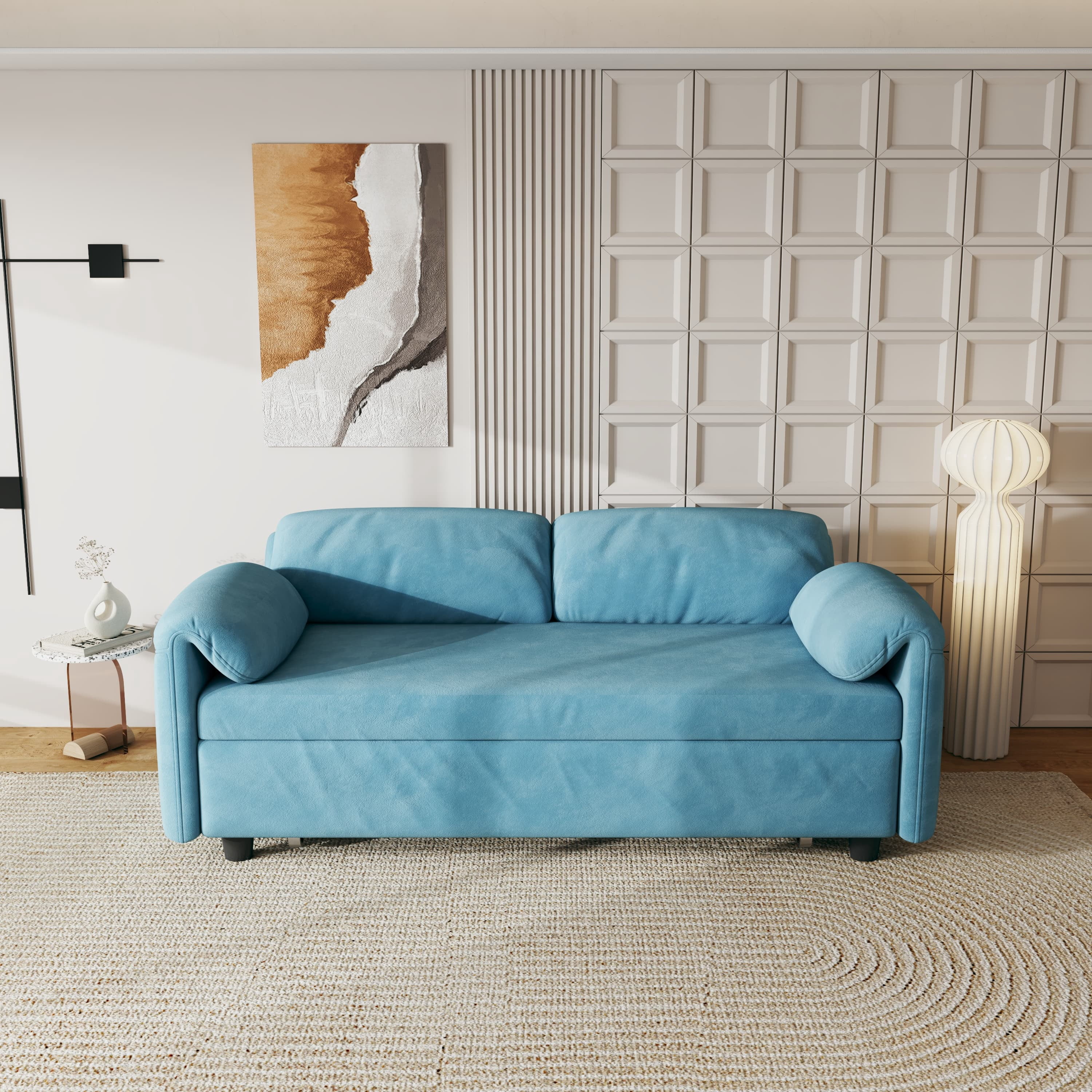 MAYEERTY 54" Velvet Convertible Sofa Bed, Pull Out Couch Beds Loveseat for Apartment, Living Room, Small Space, Blue