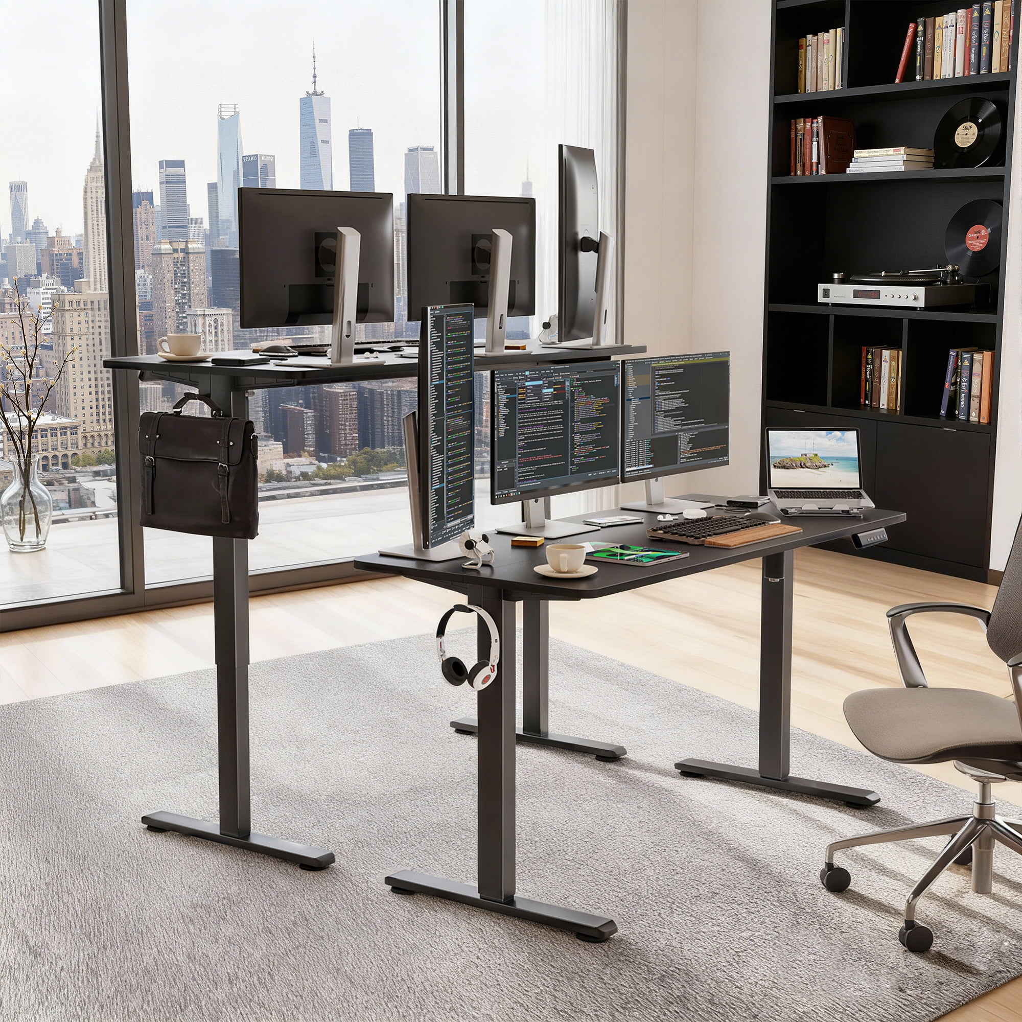 MAYEERTY 55×24" Electric Height-Adjustable Desk, Sit Stand Desk with Side Hooks for Home & Office, Black