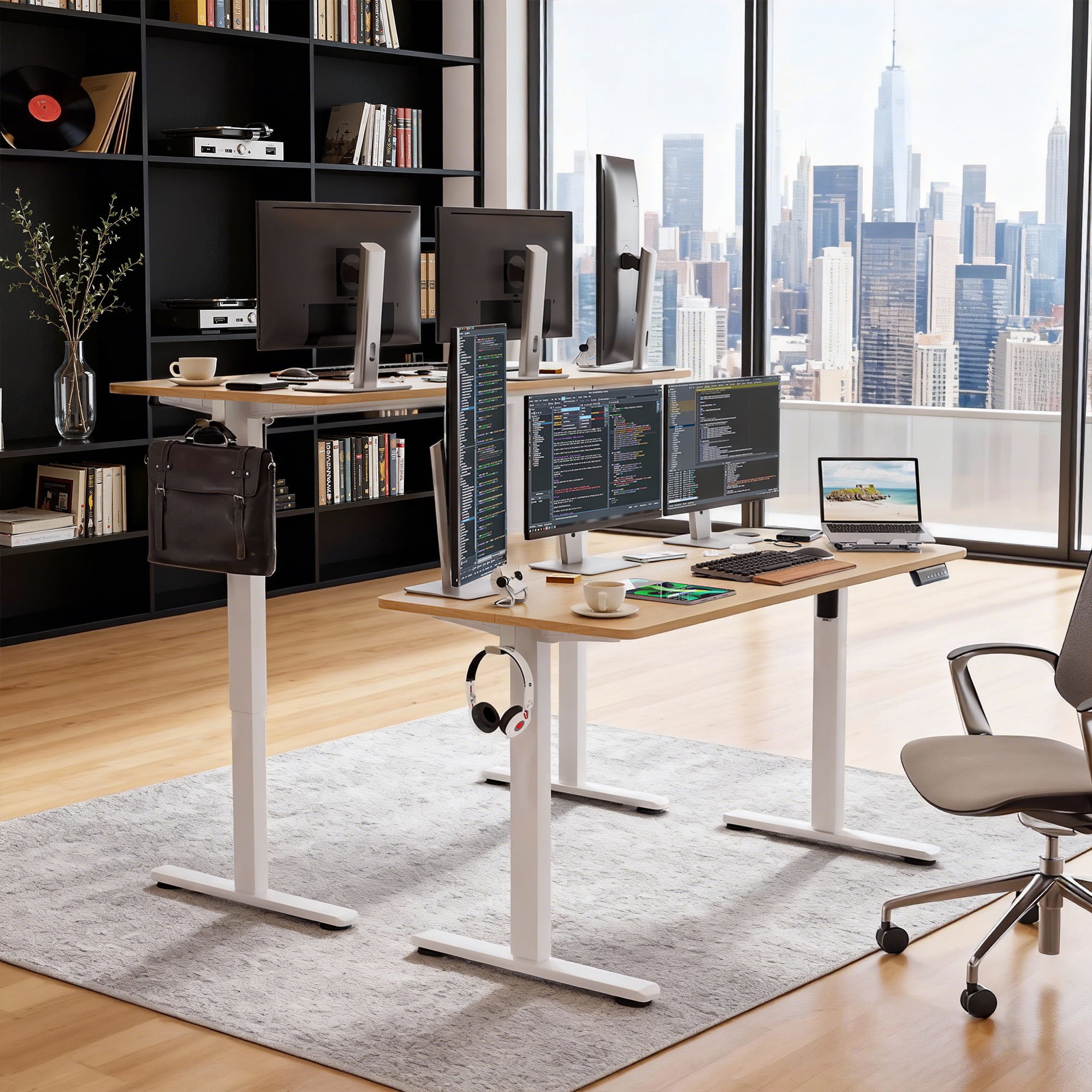 MAYEERTY 55×24" Electric Height-Adjustable Desk, Sit Stand Desk with Side Hooks for Home & Office, Nature