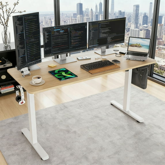 MAYEERTY 55*24" Oak Electric Standing Home Office Desk with Splice Board, Adjustable Height Sit-Stand Desk