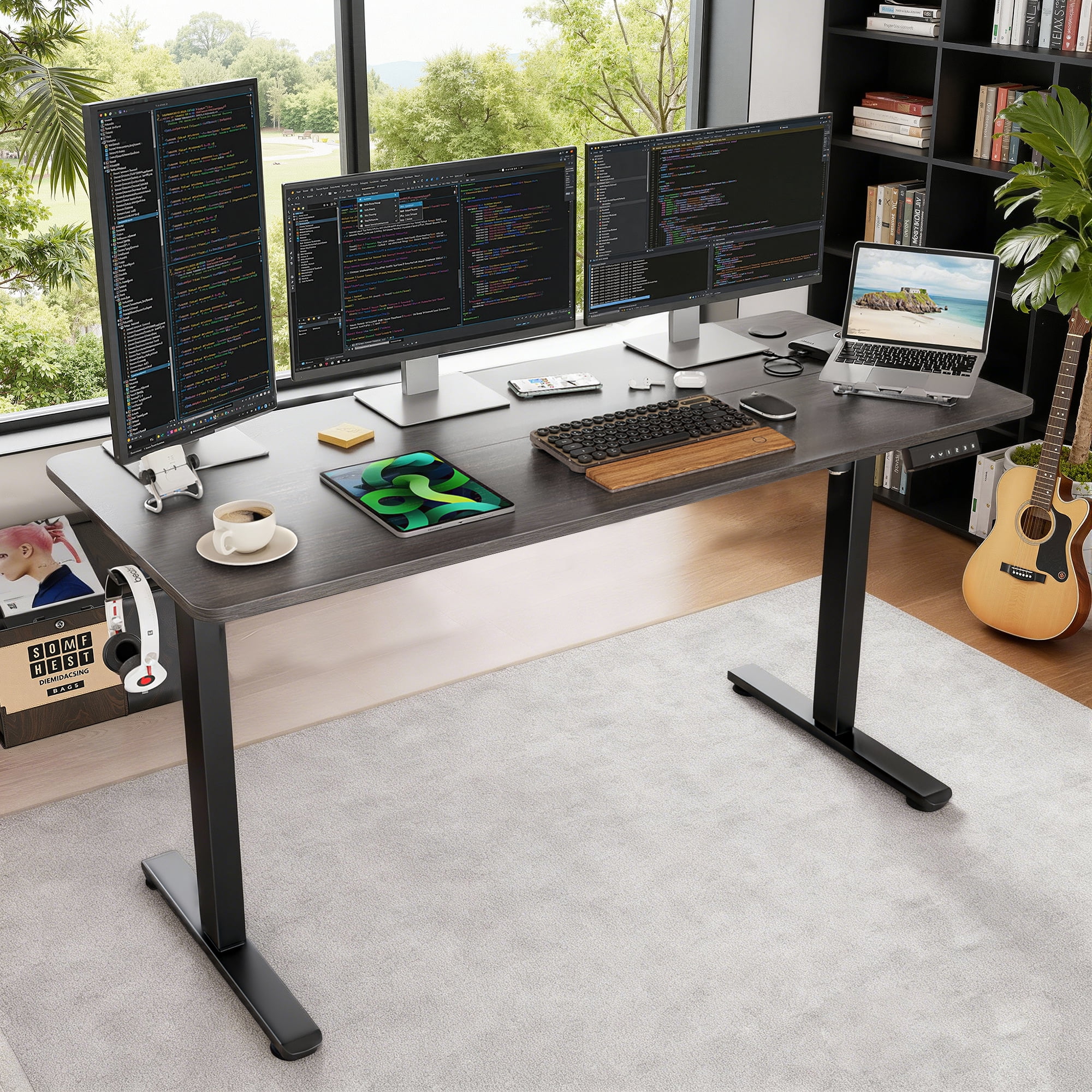 MAYEERTY 55*24" Walnut Electric Standing Home Office Desk with Splice Board, Adjustable Height Sit-Stand Desk