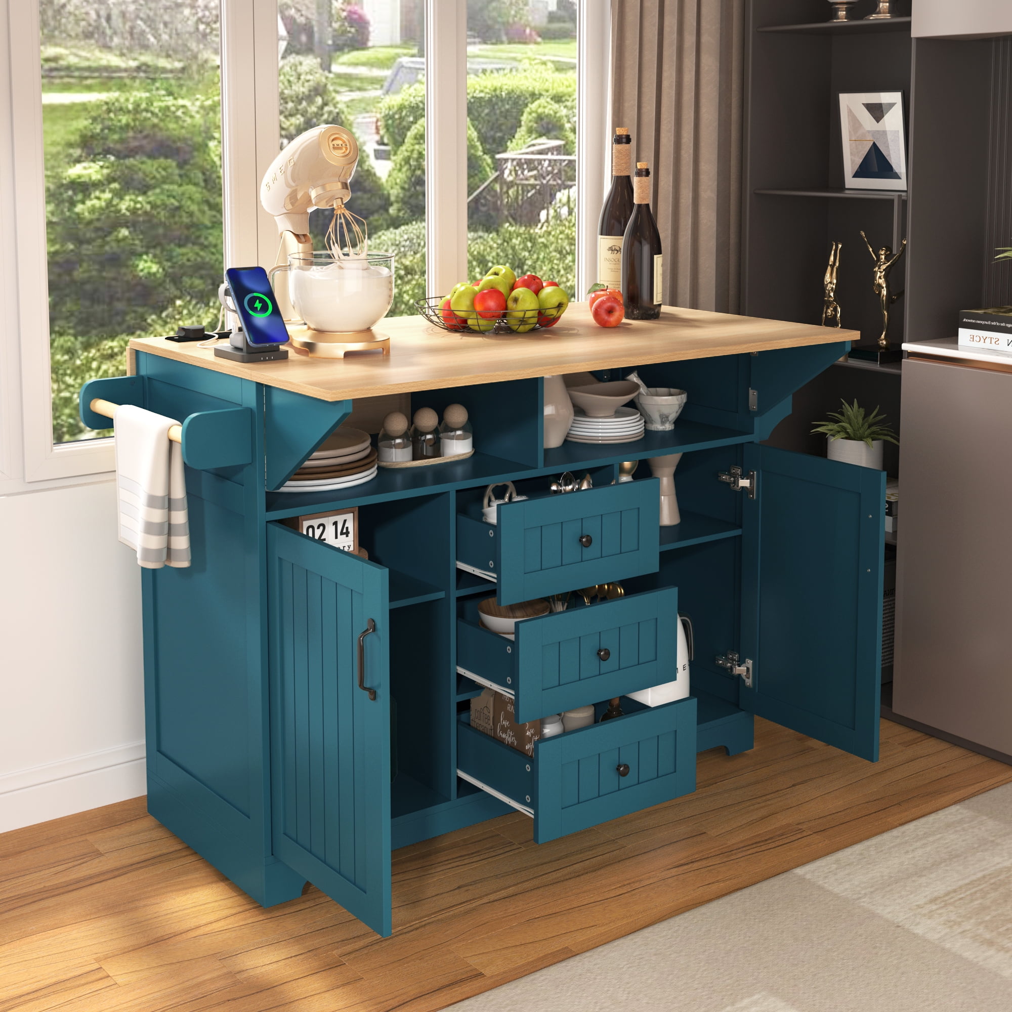 MAYEERTY 55.7" Large Kitchen Island with 2 Drop Leaves, 5-Wheel Rolling Cart, Power Outlet, Spice & Towel Rack, 3 Drawers, Green