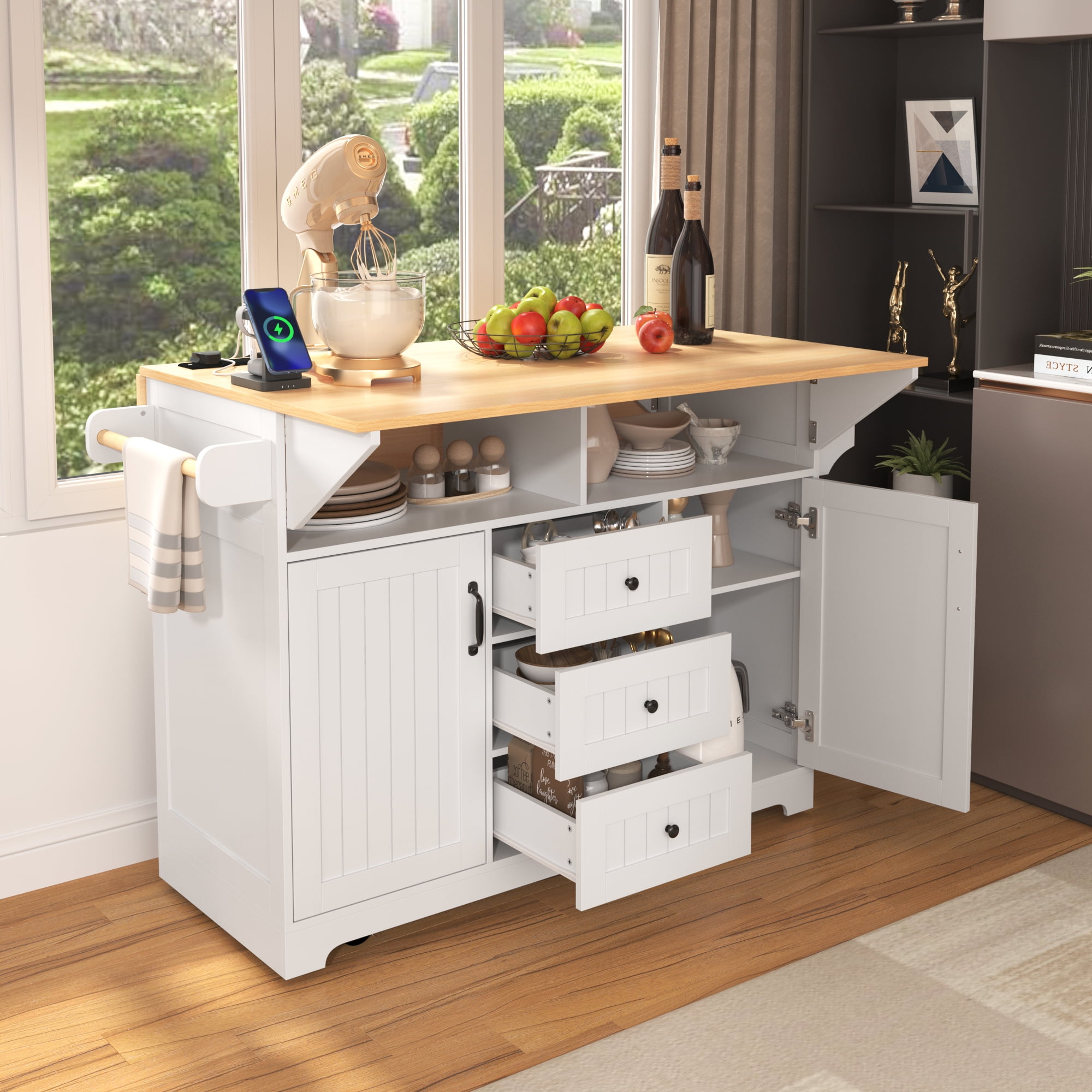 MAYEERTY 55.7" Large Kitchen Island with 2 Drop Leaves, 5-Wheel Rolling Cart, Power Outlet, Spice & Towel Rack, 3 Drawers, White