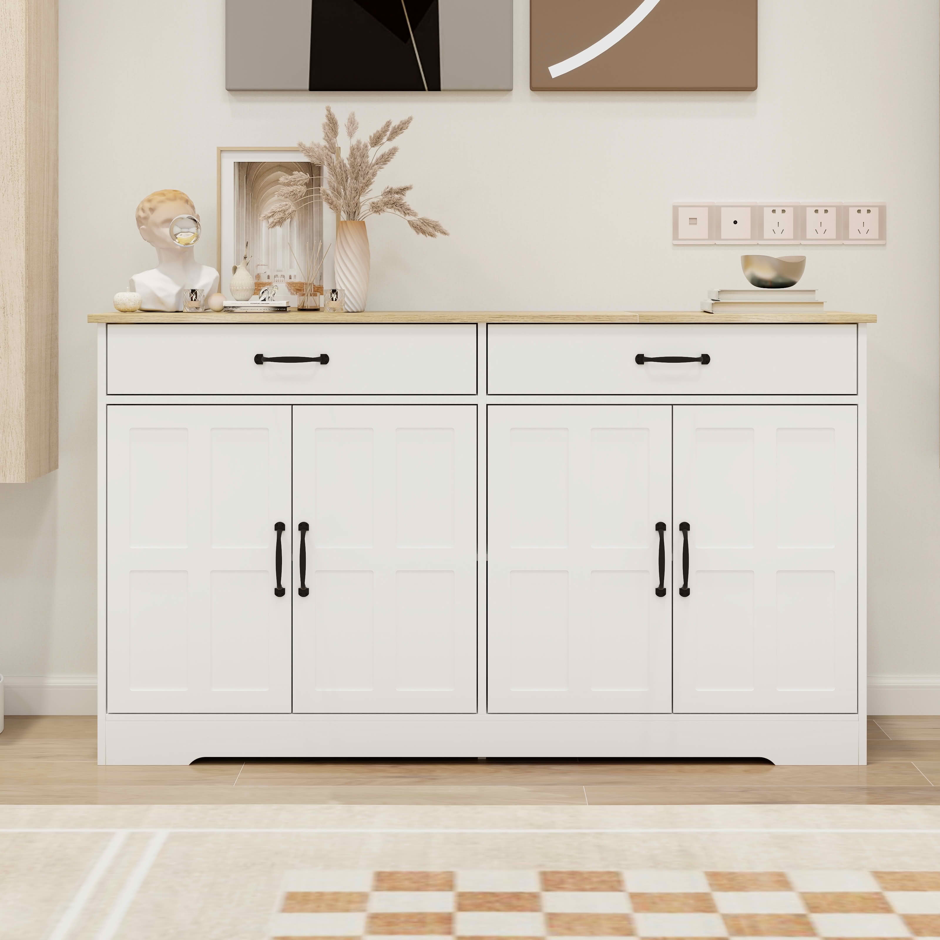 MAYEERTY 55.91-Inch Large Farmhouse Buffet Cabinet, Storage Sideboard with 2 Drawers 4 Doors for Kitchen Dining Room White
