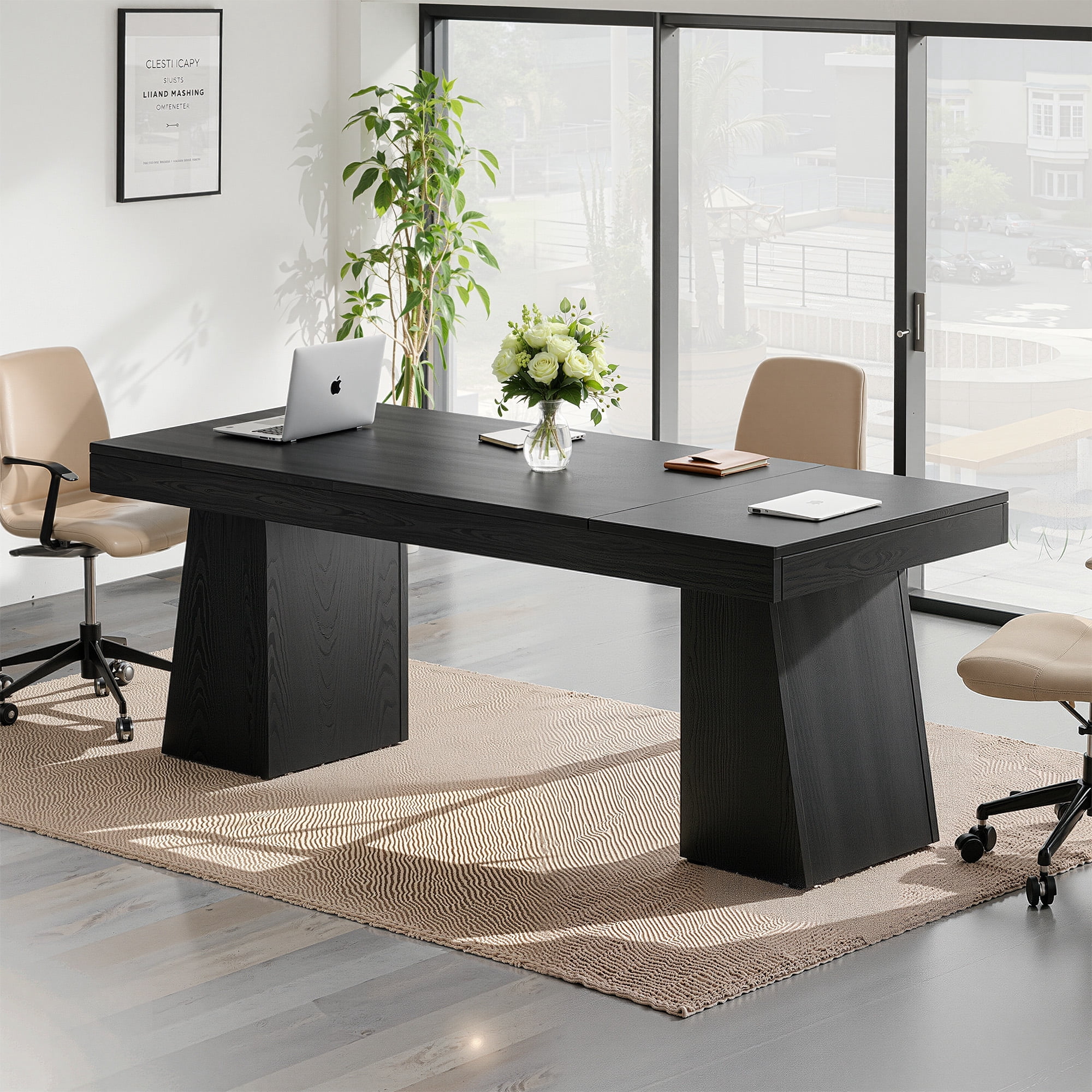 MAYEERTY 55 Inch Mid-Century Modern Executive Desk, Brown Wood Computer Desk with Double Trapezoid Base