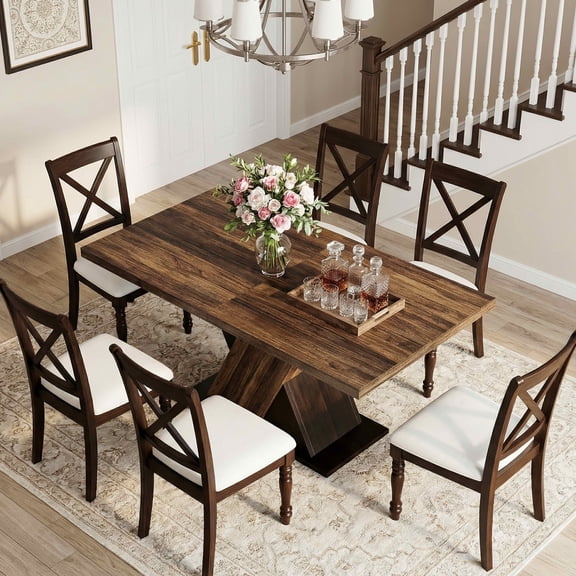 MAYEERTY 55" Farmhouse Dining Table, Dark Wood Grain 4-6 Seater Rectangular Kitchen Table, Easy Assembly