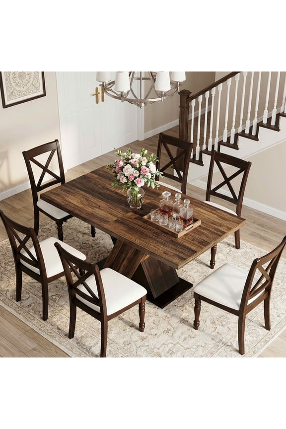 55" Farmhouse Dining Table, Dark Wood Grain 4-6 Seater Rectangular Kitchen Table, Easy Assembly
