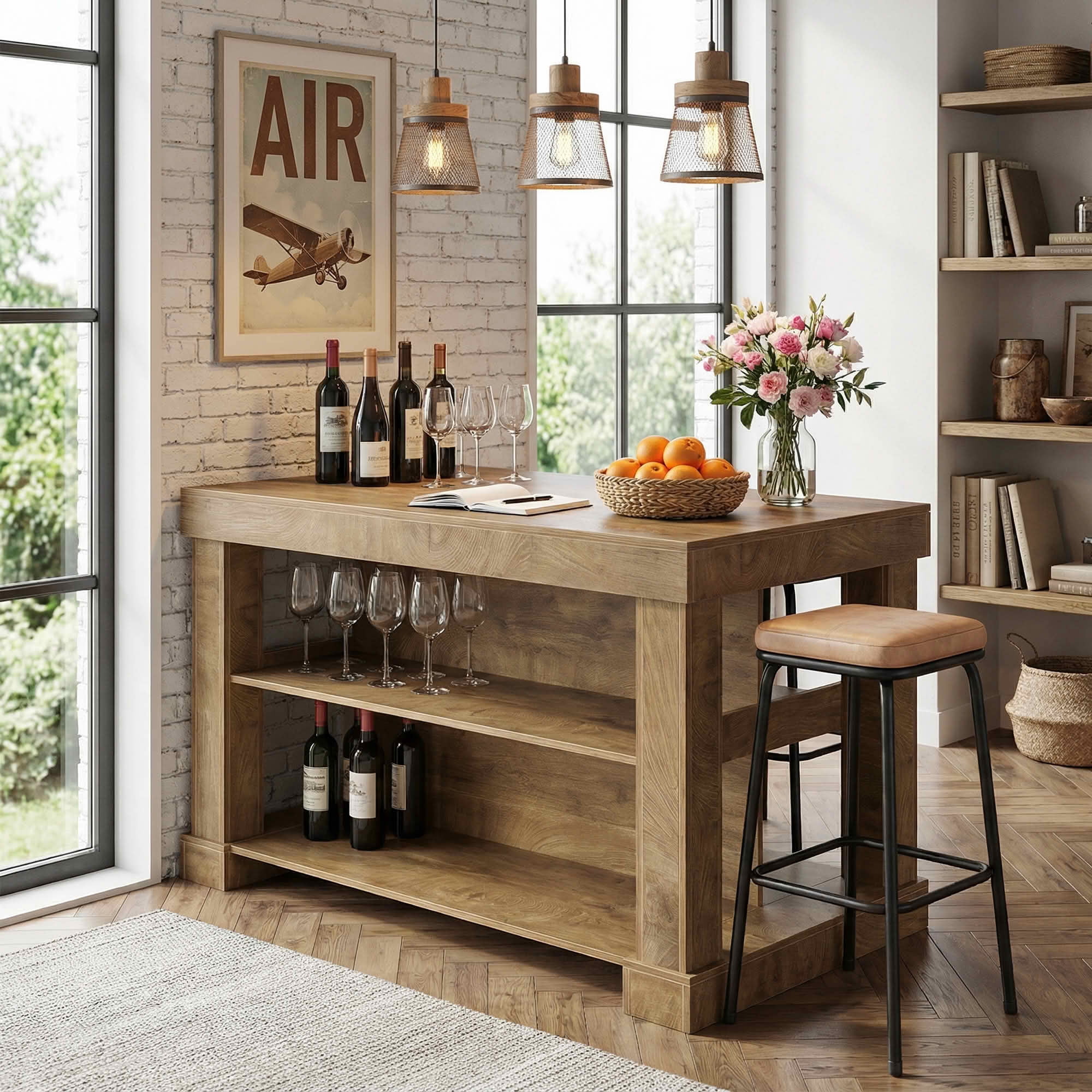 MAYEERTY 55" Home Bar Table with 3-Tier Storage Shelves, Light Brown MDF Indoor Pub Table, 350 lbs Capacity Waterproof Scratch-Resistant Bar Unit