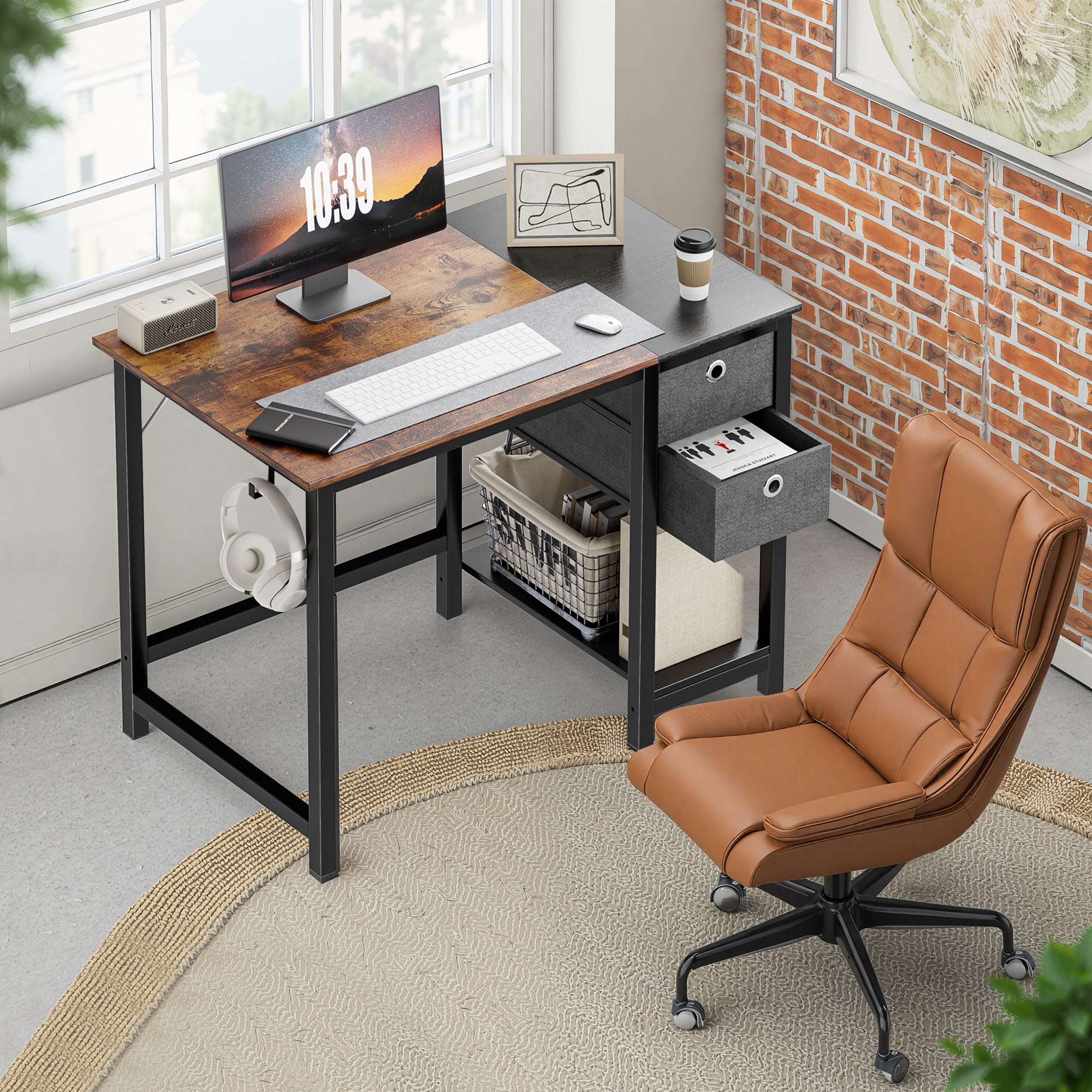 MAYEERTY 55 Inch Computer Desk Home Office Desk Writing Study PC Table with 2-Tier Drawers and Hook