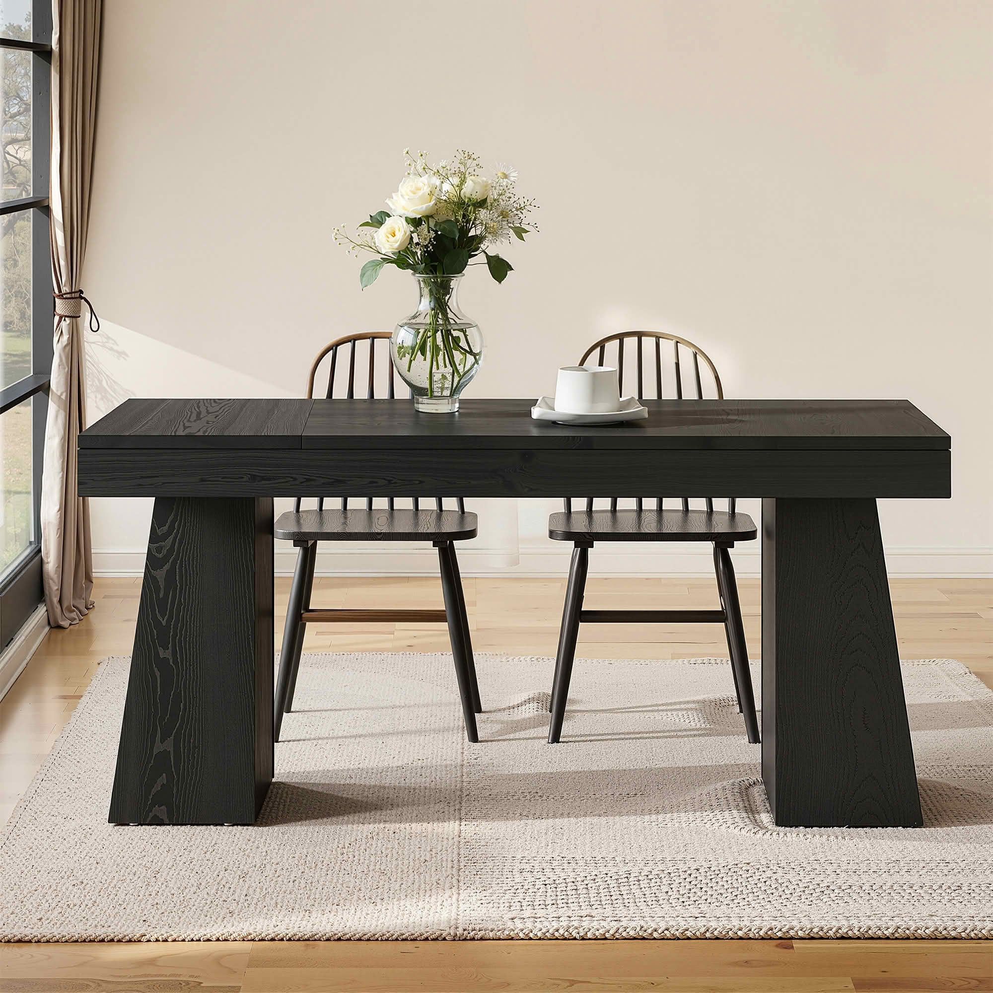 MAYEERTY 55 Inch Farmhouse Double Pedestal Dining Table, Black MDF Trapezoid Leg Table Seats 4-6 for Small Spaces