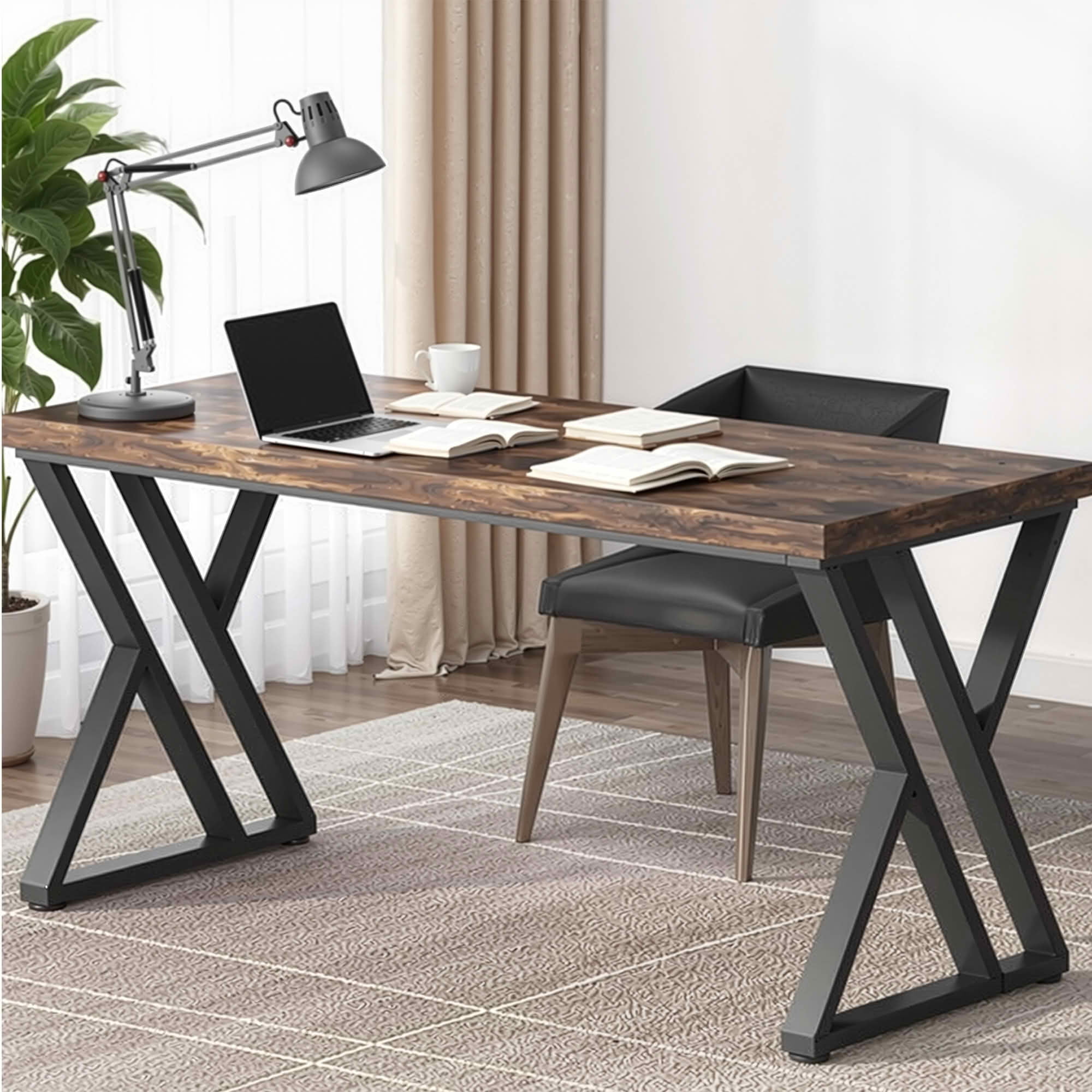 MAYEERTY 55 Inch Heavy Duty Industrial Computer Desk, Rustic Wood Z-Shape Steel Leg Writing Table with Adjustable Foot Pads