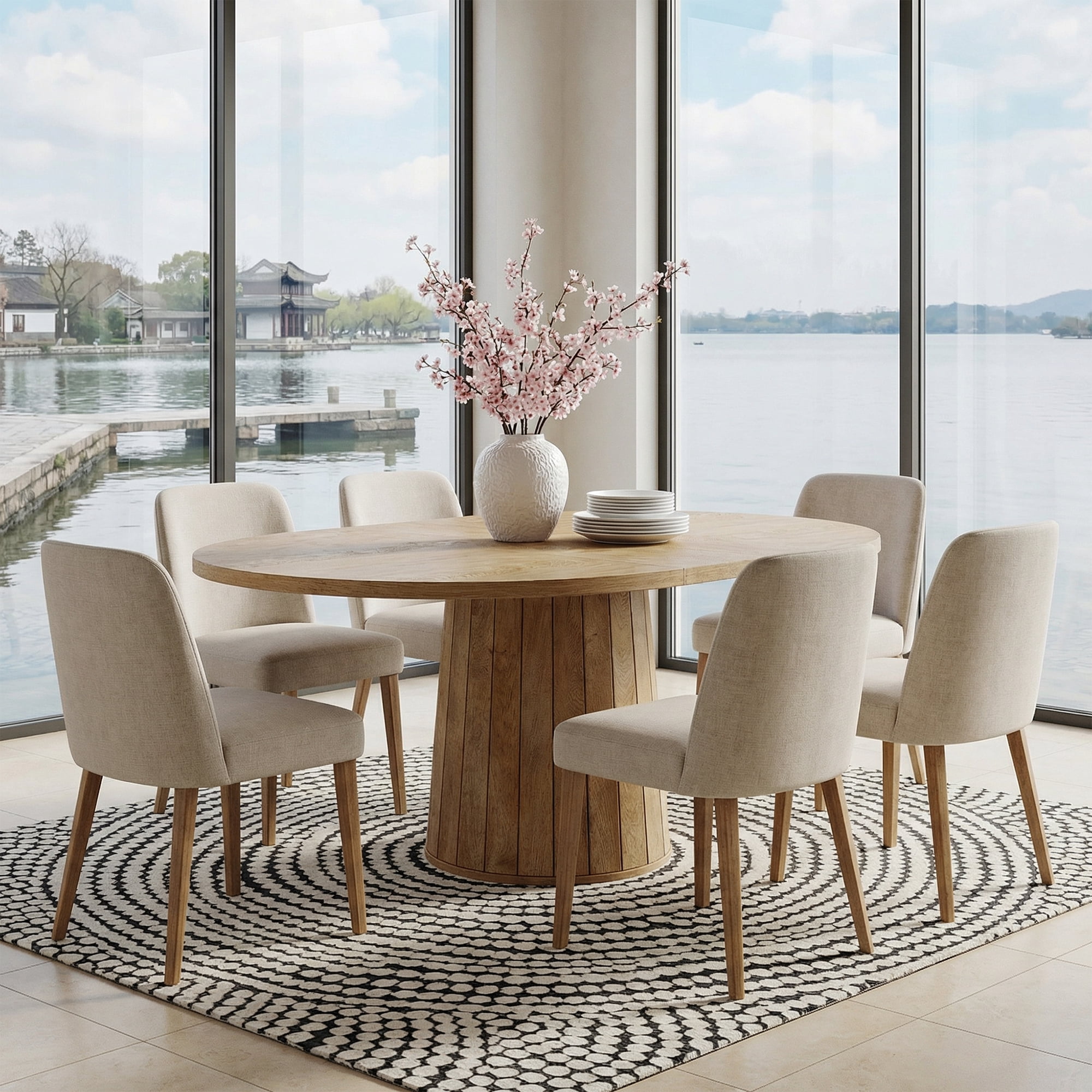 MAYEERTY 55 Inch Oval Dining Table, Elegant Kitchen Dinner Table with Cylindrical Wooden Pedestal Base for Family Dining