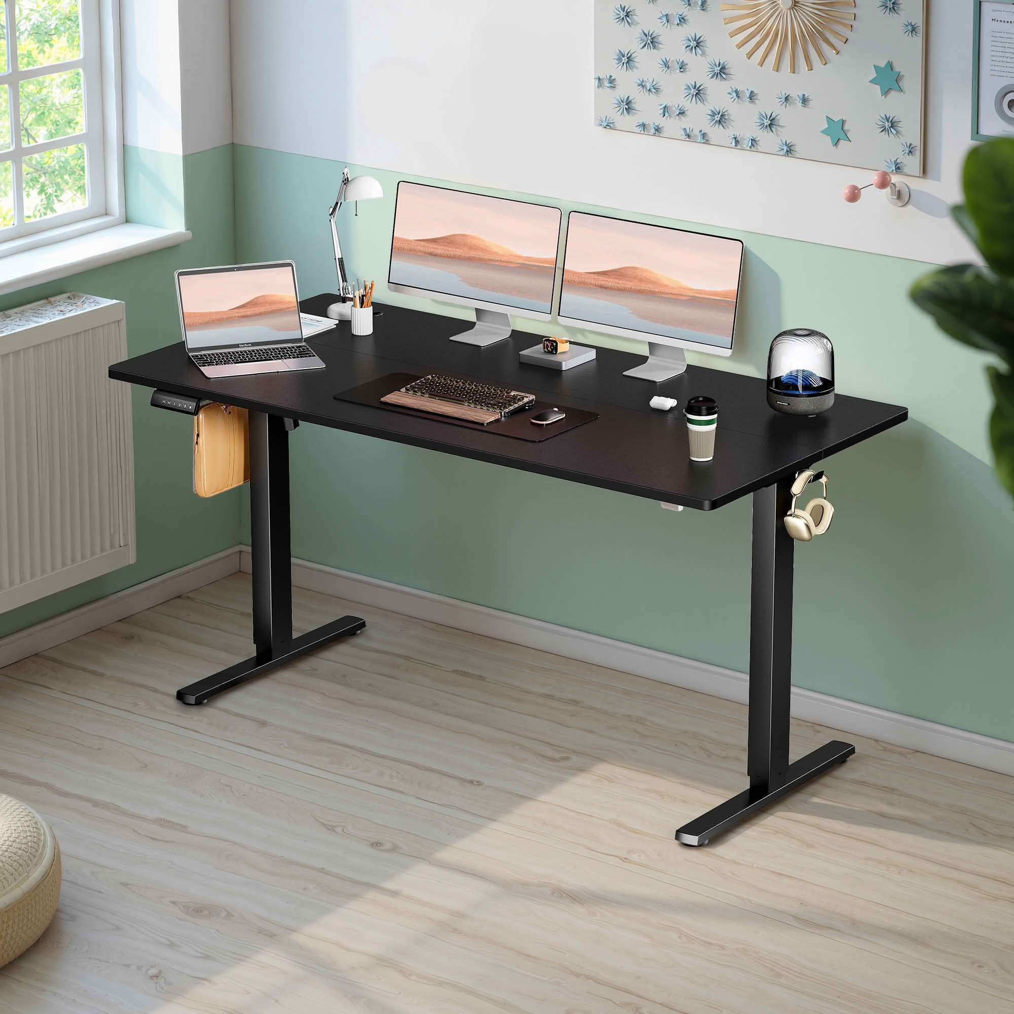 MAYEERTY 55x24 Ergonomic Height Adjustable Desk, T-Shaped Metal Bracket, Computer Workstation, Black