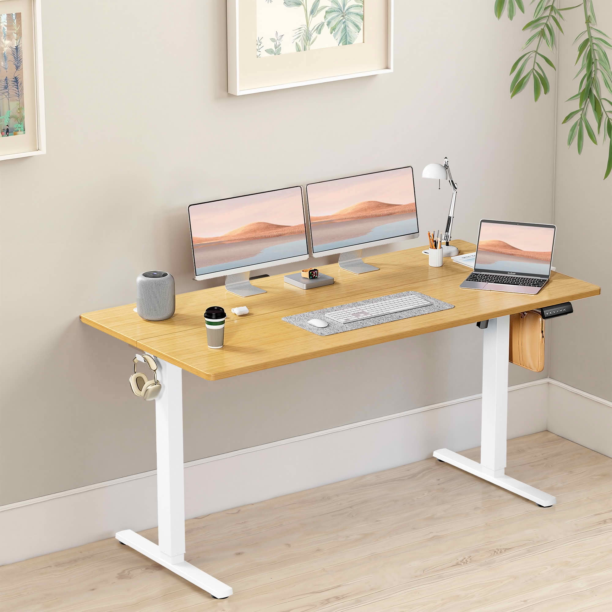 MAYEERTY 55x24 Ergonomic Height Adjustable Desk, T-Shaped Metal Bracket, Computer Workstation, Oak