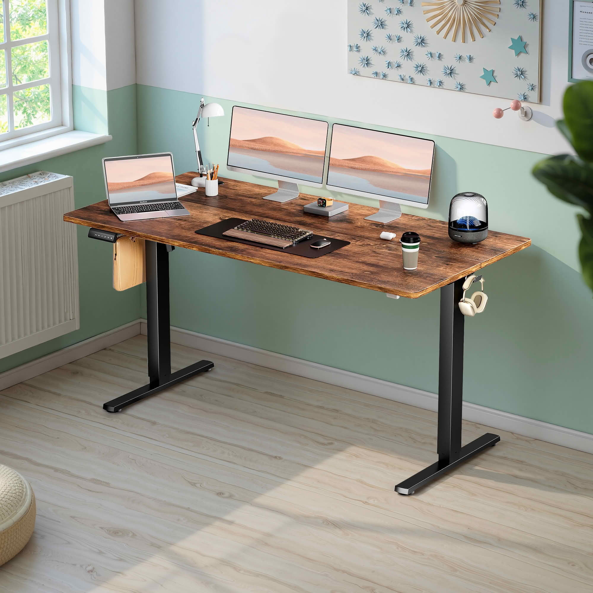 MAYEERTY 55x24 Ergonomic Height Adjustable Desk, T-Shaped Metal Bracket, Computer Workstation, Rust