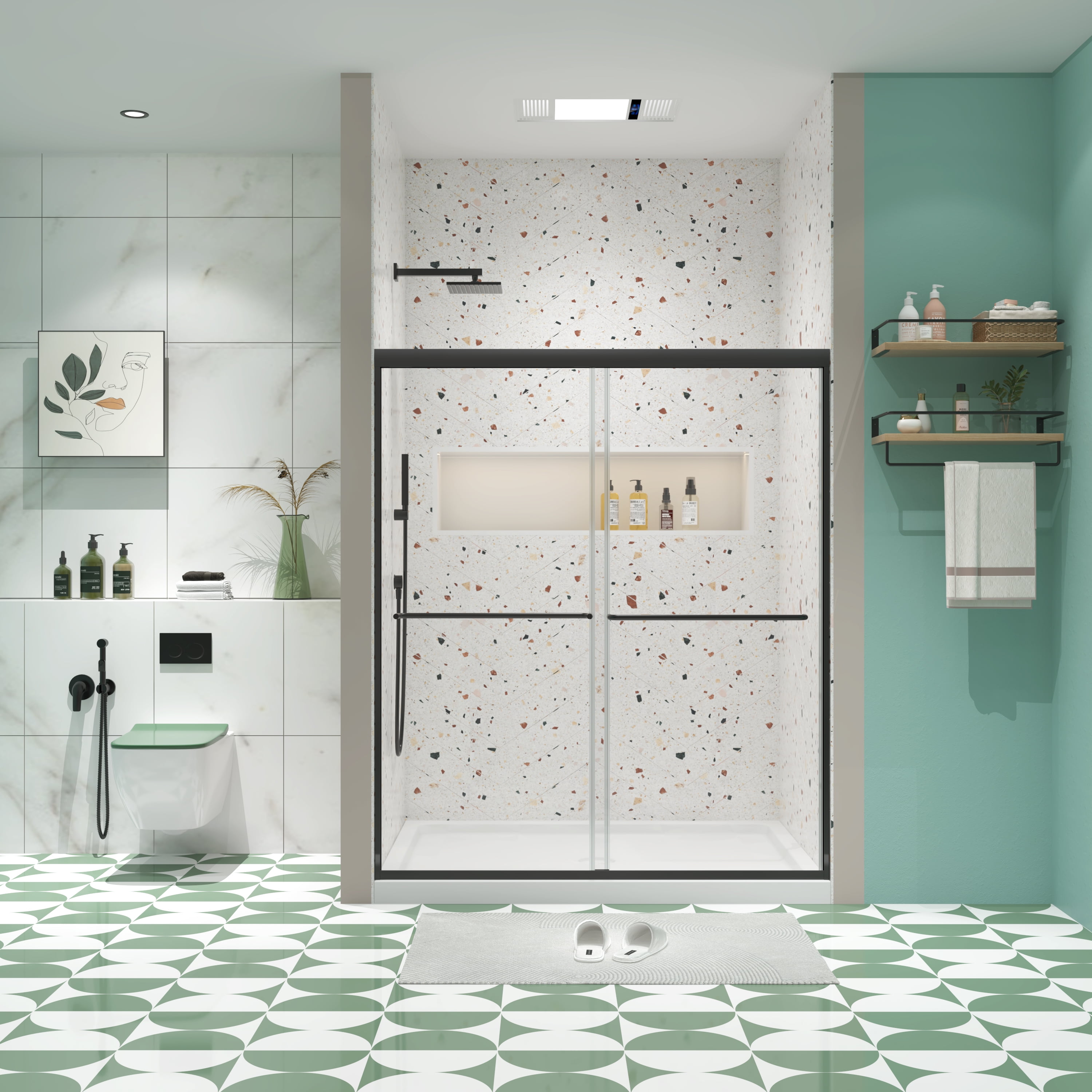 MAYEERTY 56-60"W x 70"H Double Sliding Shower Bypass Door, Tempered Glass & Stainless Steel Handle, Matte Black