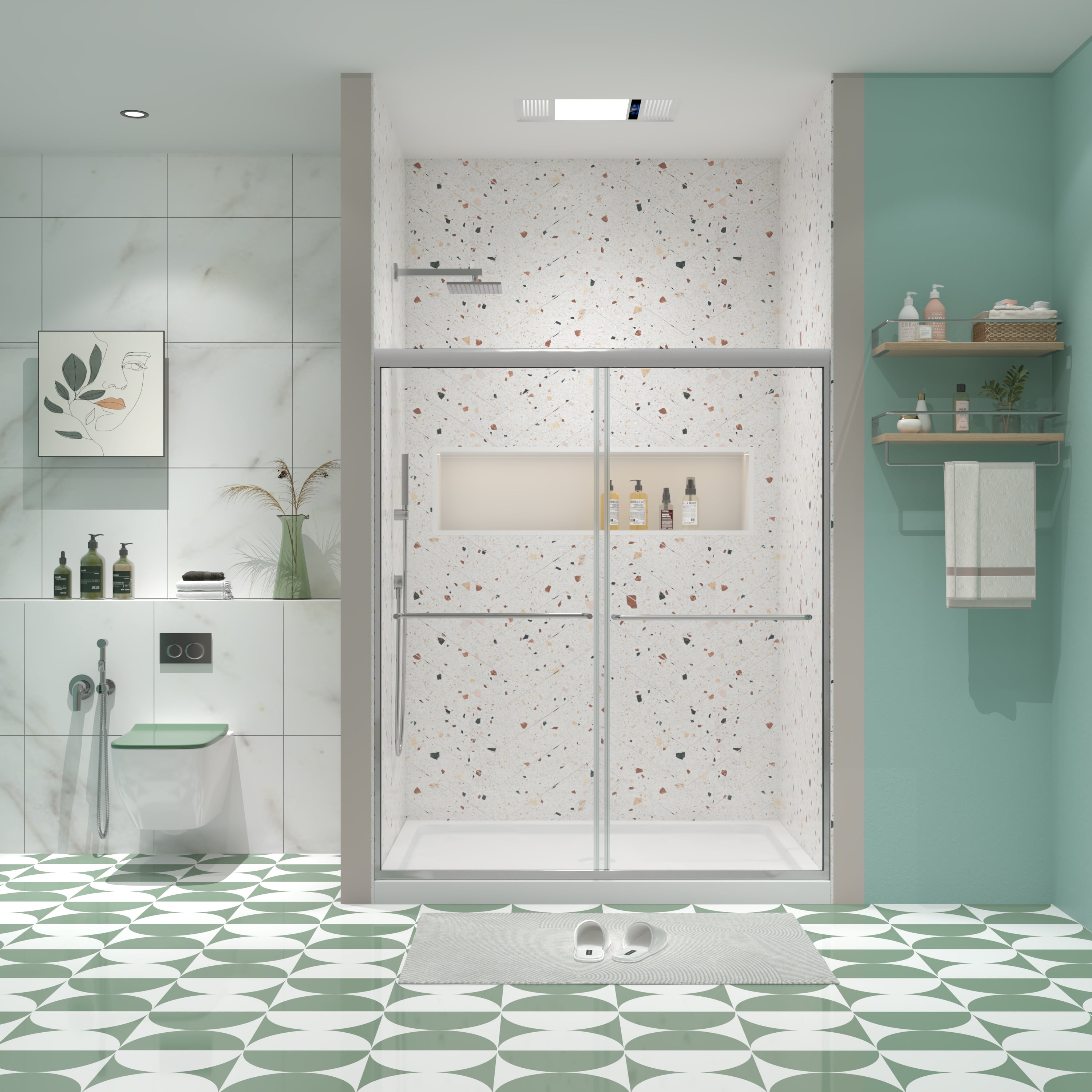 MAYEERTY 56-60"W x 70"H Double Sliding Shower Bypass Door, Tempered Glass & Stainless Steel Handle, Polished Silver