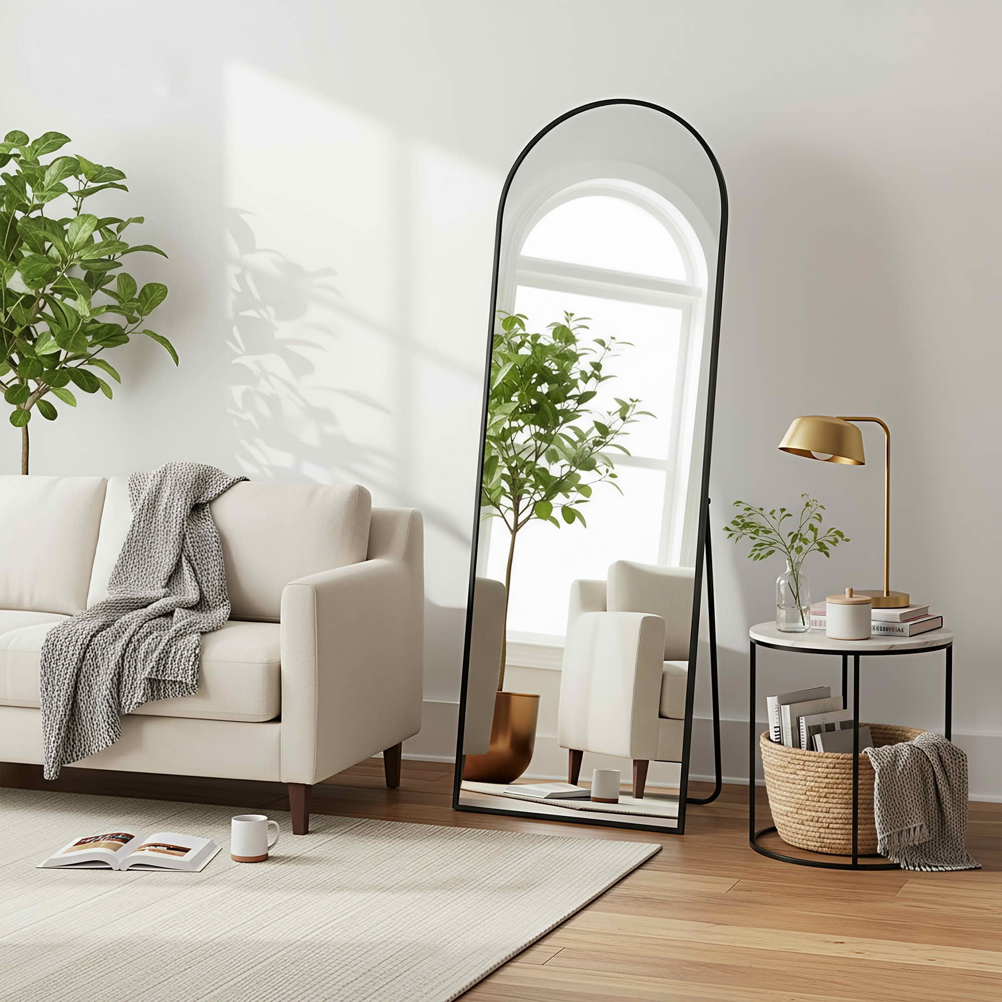 MAYEERTY 56"x18" Aluminum Arch Shape Full-Length Mirror, Tempered Glass With Stand, Black