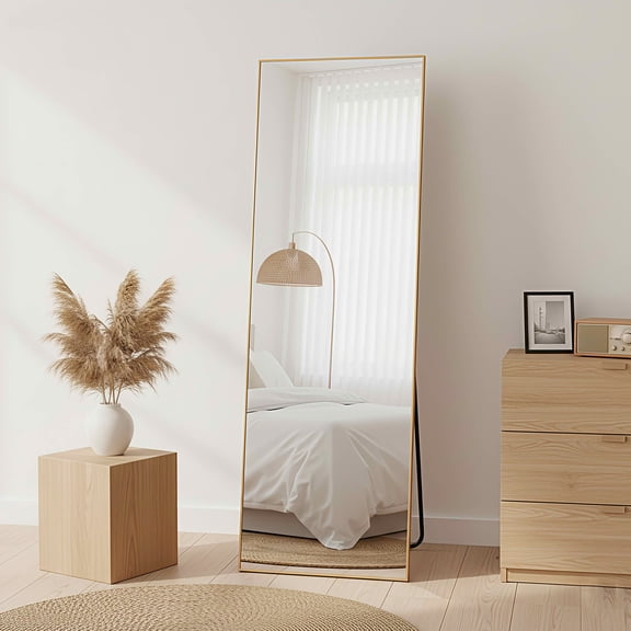 MAYEERTY 56"x18" Aluminum Right Angle Full-Length Mirror, Tempered Glass With Stand, Gold