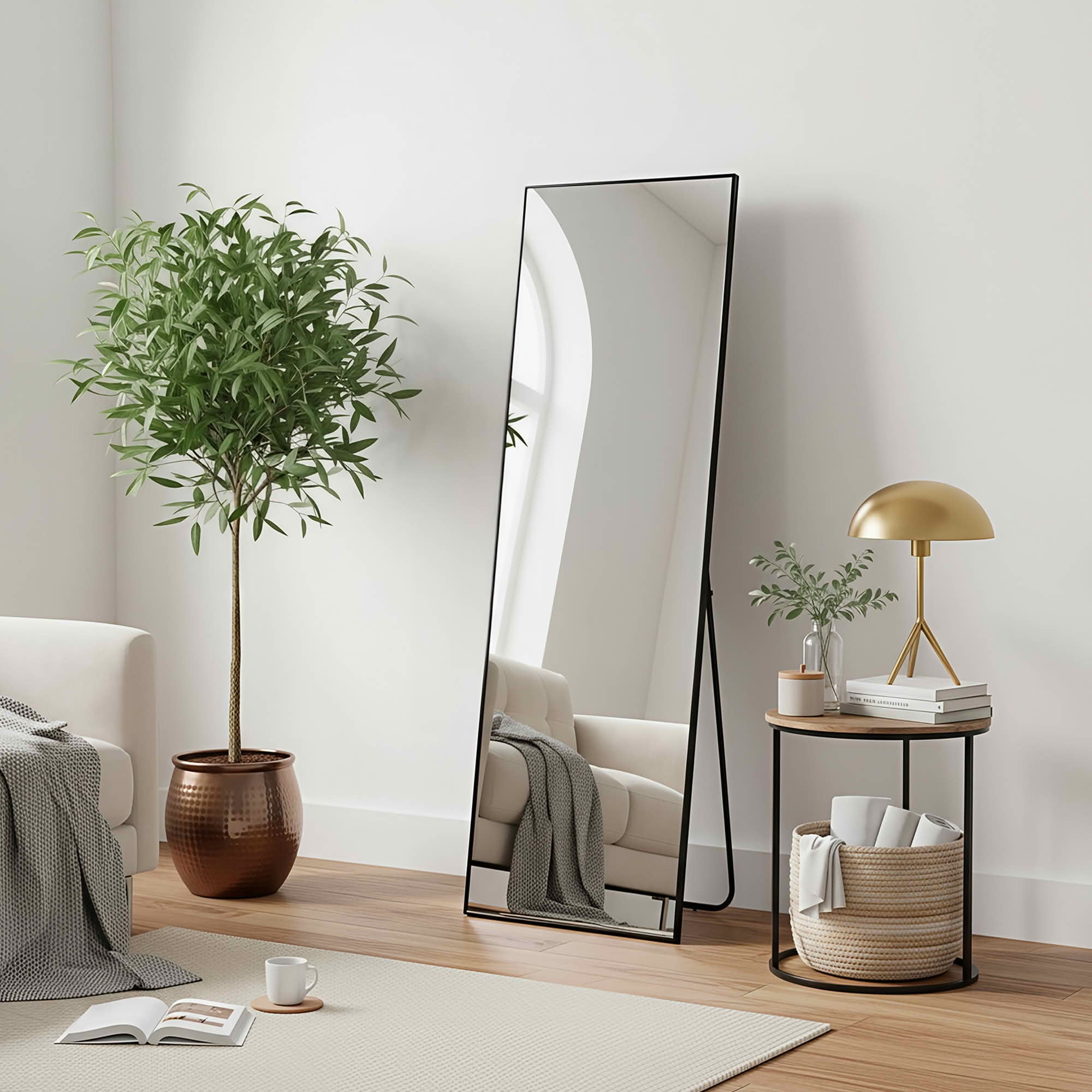 MAYEERTY 56x18in Aluminum Full-Length Mirror, Right Angle Tempered Glass With Stand, Black