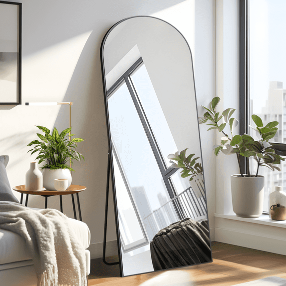 MAYEERTY 57×20" Arched Full Length Mirror, Freestanding for Bedroom & Living Room, Aluminum, Black