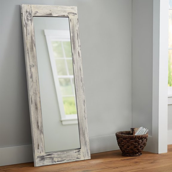 MAYEERTY 58"×24" Weathered White Solid Wood Wide-Frame Hollow Mirror Rustic Charm for Living Room