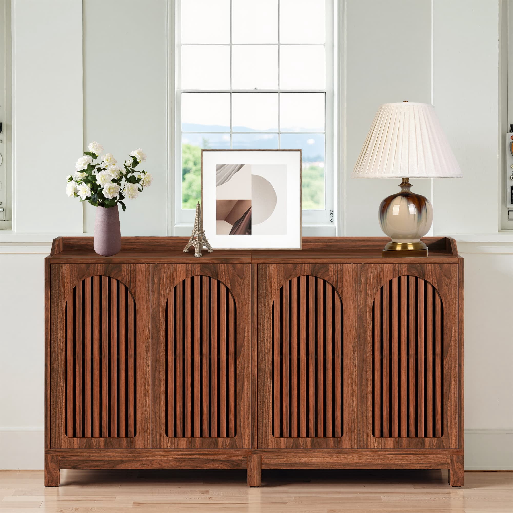 MAYEERTY 57" Farmhouse Sideboard Buffet Cabinet, Vintage Shutter Door Storage Credenza with Adjustable Shelf, Solid Wood Leg Coffee Bar Cabinet