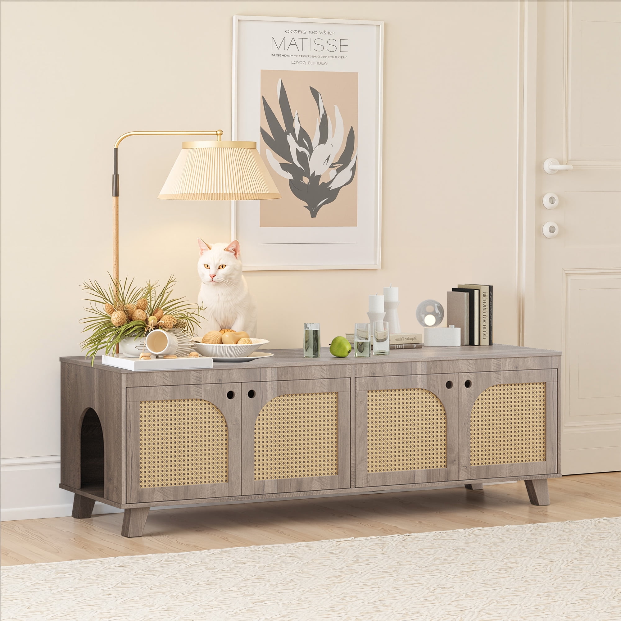 MAYEERTY 58*20"Double Hidden Cat House Cabinet with Rattan Doors and Dual Entrances for Two Cats, Gray