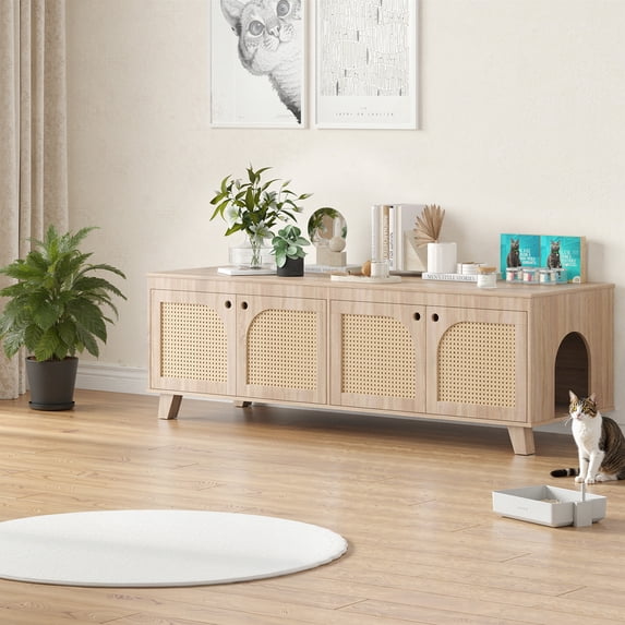 MAYEERTY 58*20"Double Hidden Cat House Cabinet with Rattan Doors and Dual Entrances for Two Cats, Nature
