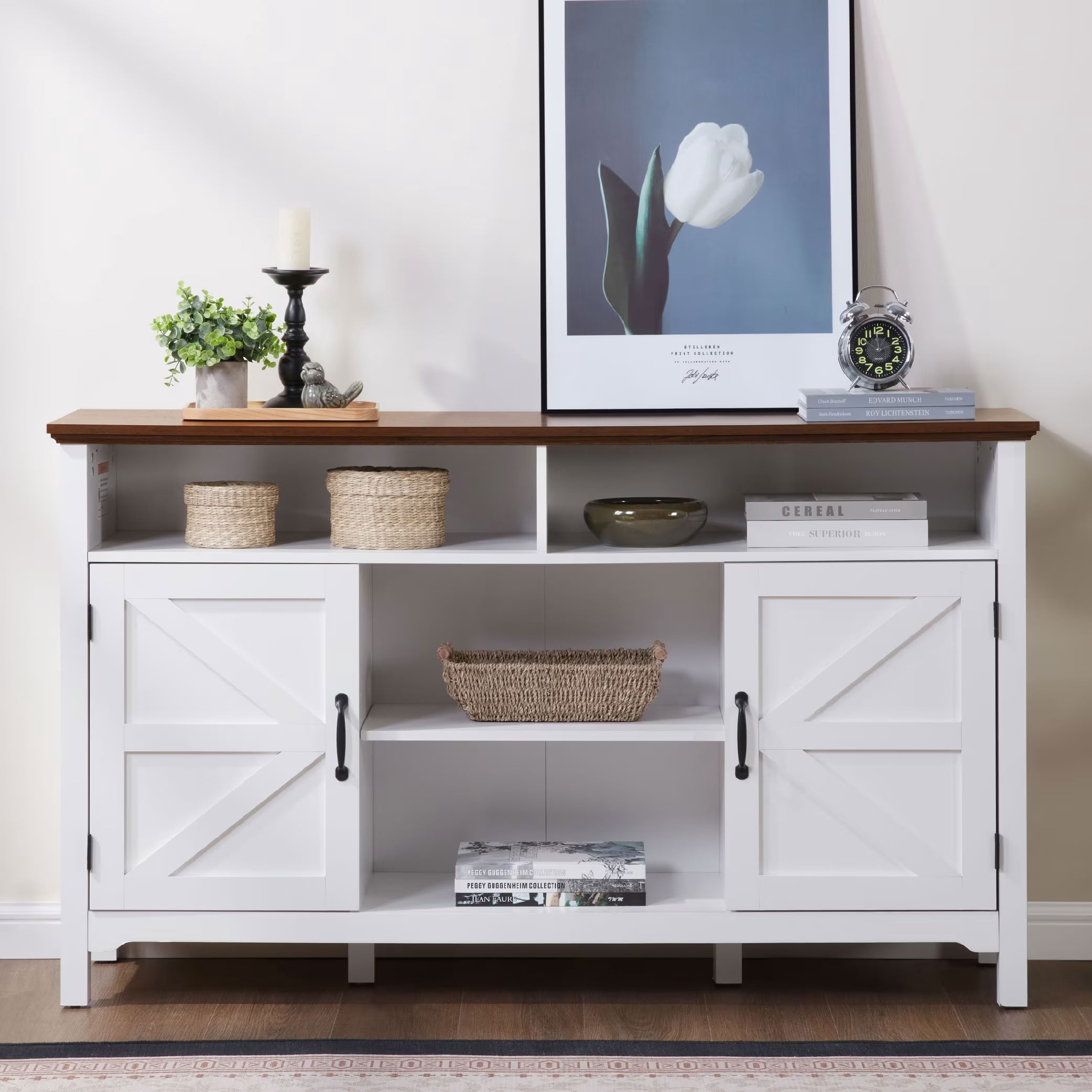 MAYEERTY 58" Farmhouse Sideboard Buffet Cabinet with Barn Doors, Antique Coffee Bar Station with Adjustable Shelves, for Dining Room, Living Room, Entryway