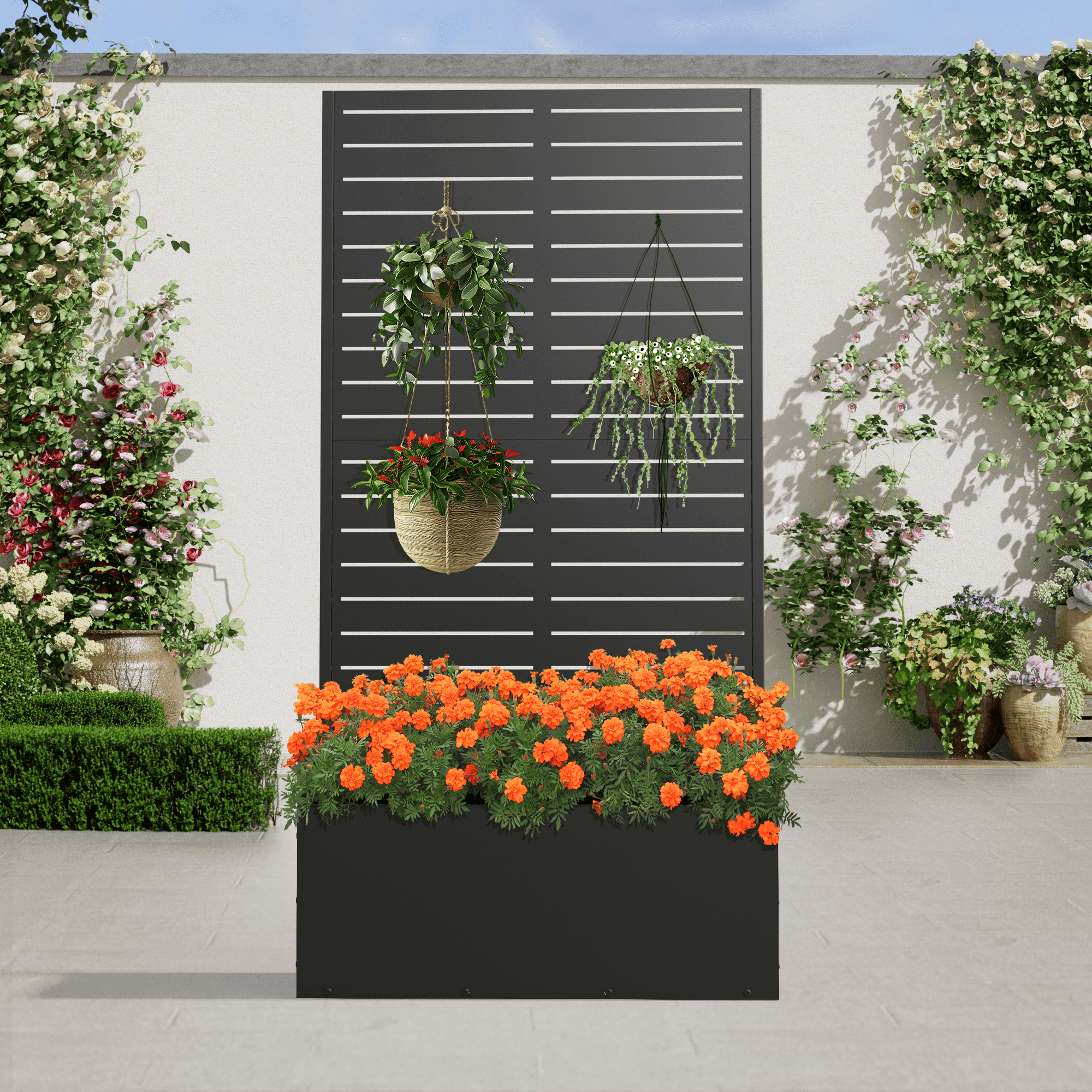 MAYEERTY 59.1"×29.5"×11.8" Black Iron Planter Box with Trellis - Louvered Classic Look, Great for Climbing Flowers
